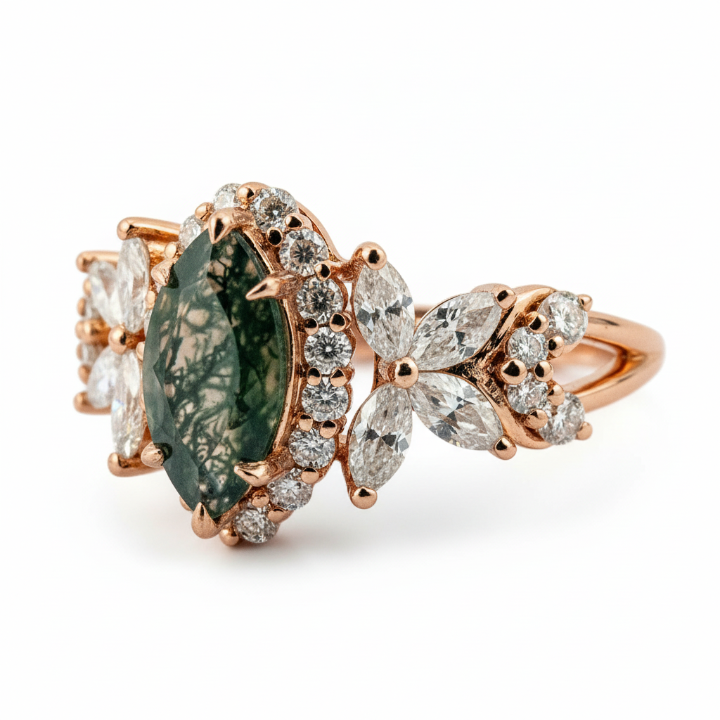 Product view of Marquise Moss Agate Ring in Gold