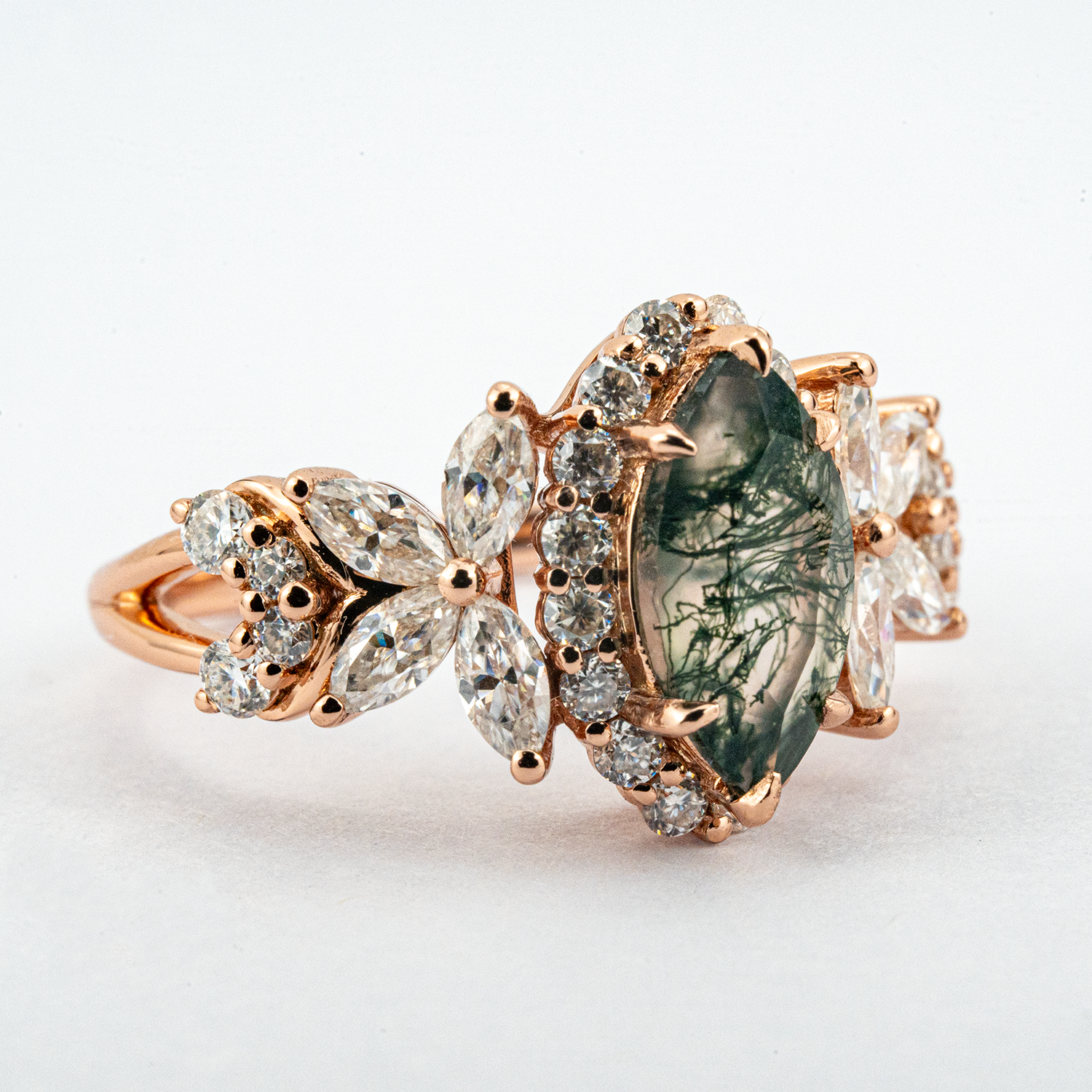 Luxurious Marquise Moss Agate with Moissanite Gold Ring.