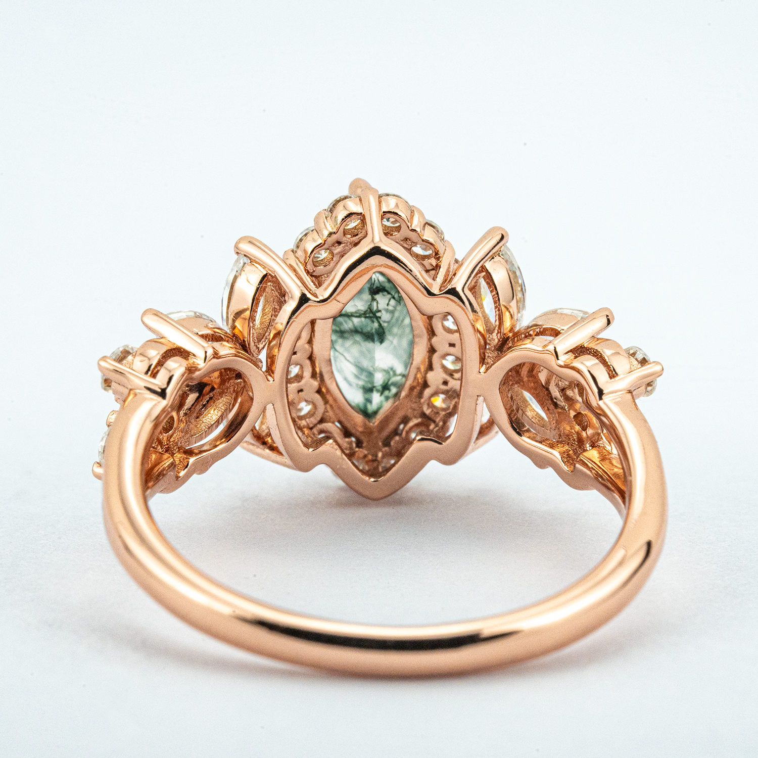 Luxurious Marquise Moss Agate with Moissanite Gold Ring.