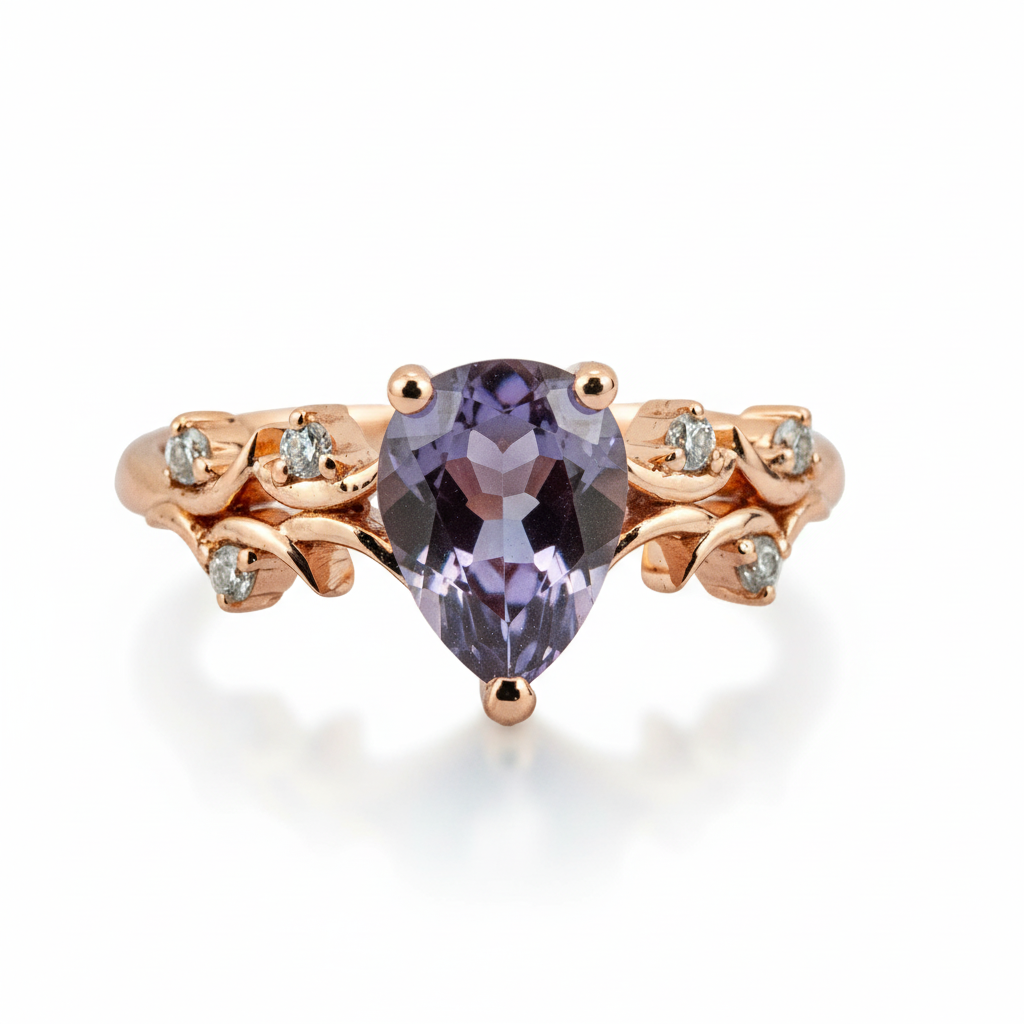 Promise Ring with Luxurious Pear Alexandrite Stone - Exquisite Nature-inspired Design