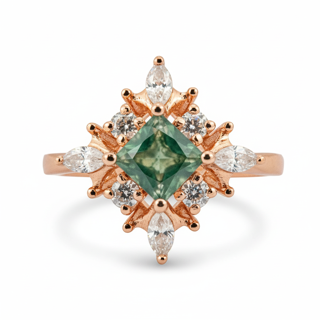 Princess Moss Agate Gold Engagement Ring With Moissanite.