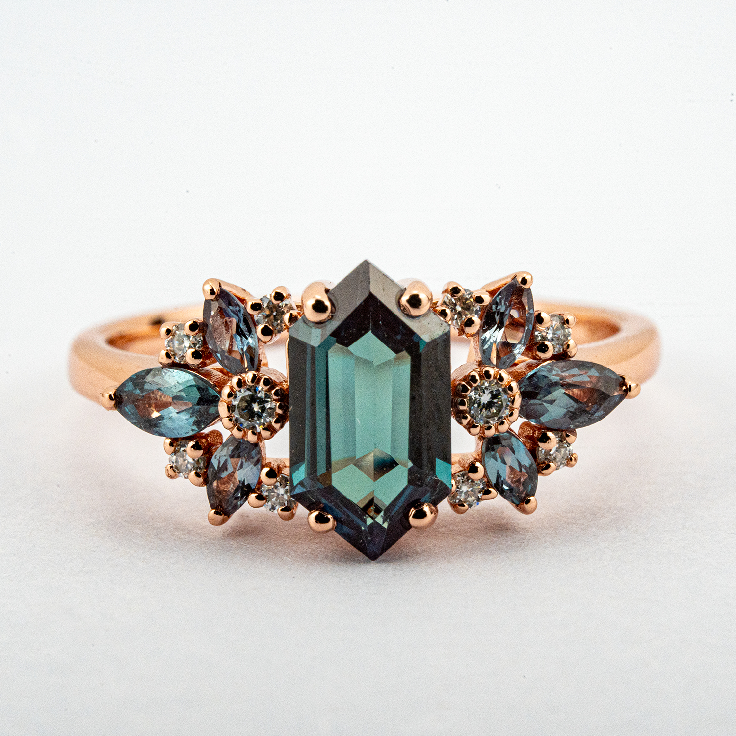 Long Hexagonal Lab Alexandrite Flower Cluster Gold Engagement Ring.