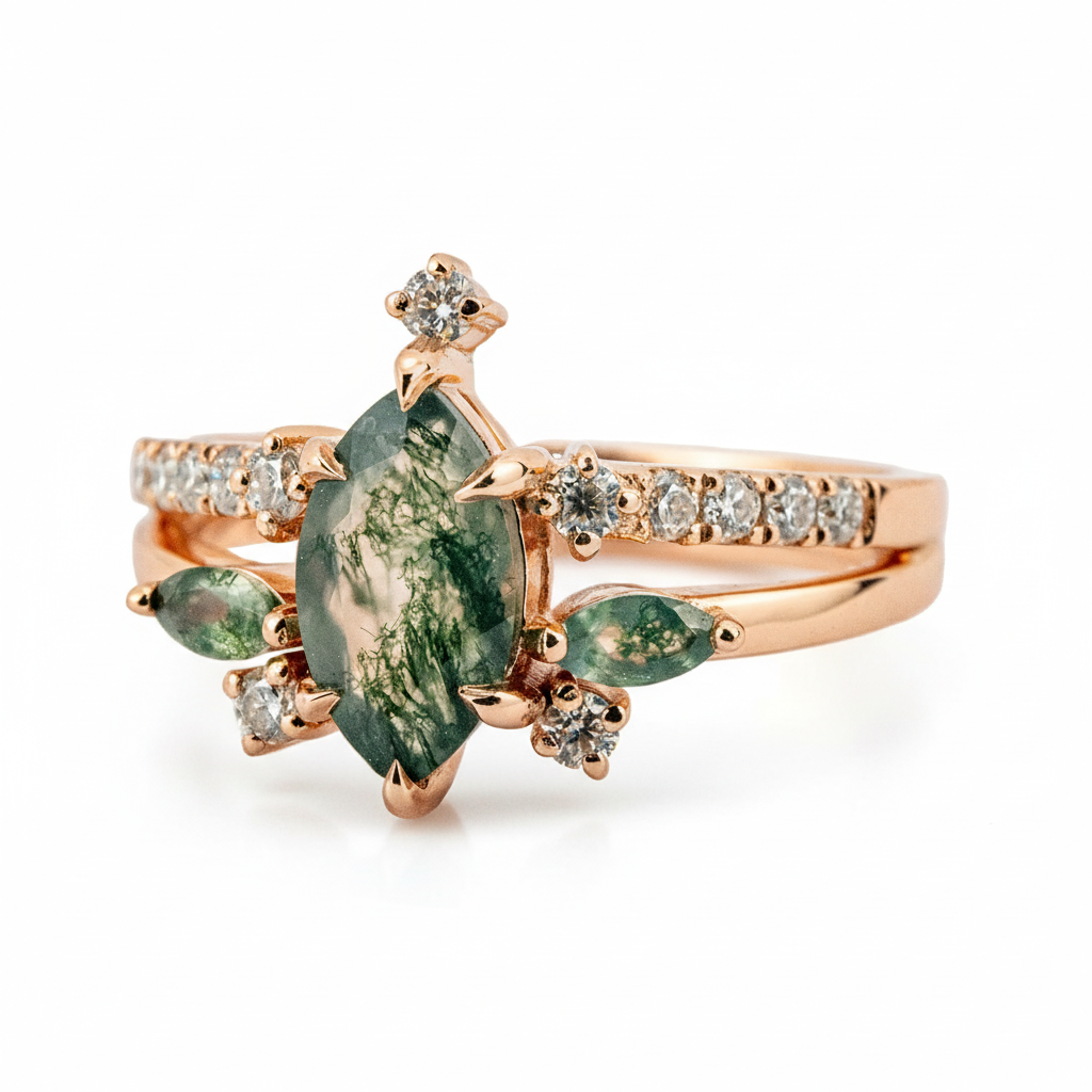 Product view of Marquise Moss Agate Ring in Gold