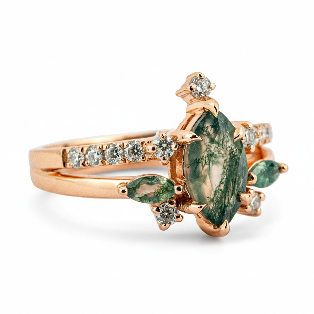 Product view of Marquise Moss Agate Ring in Gold