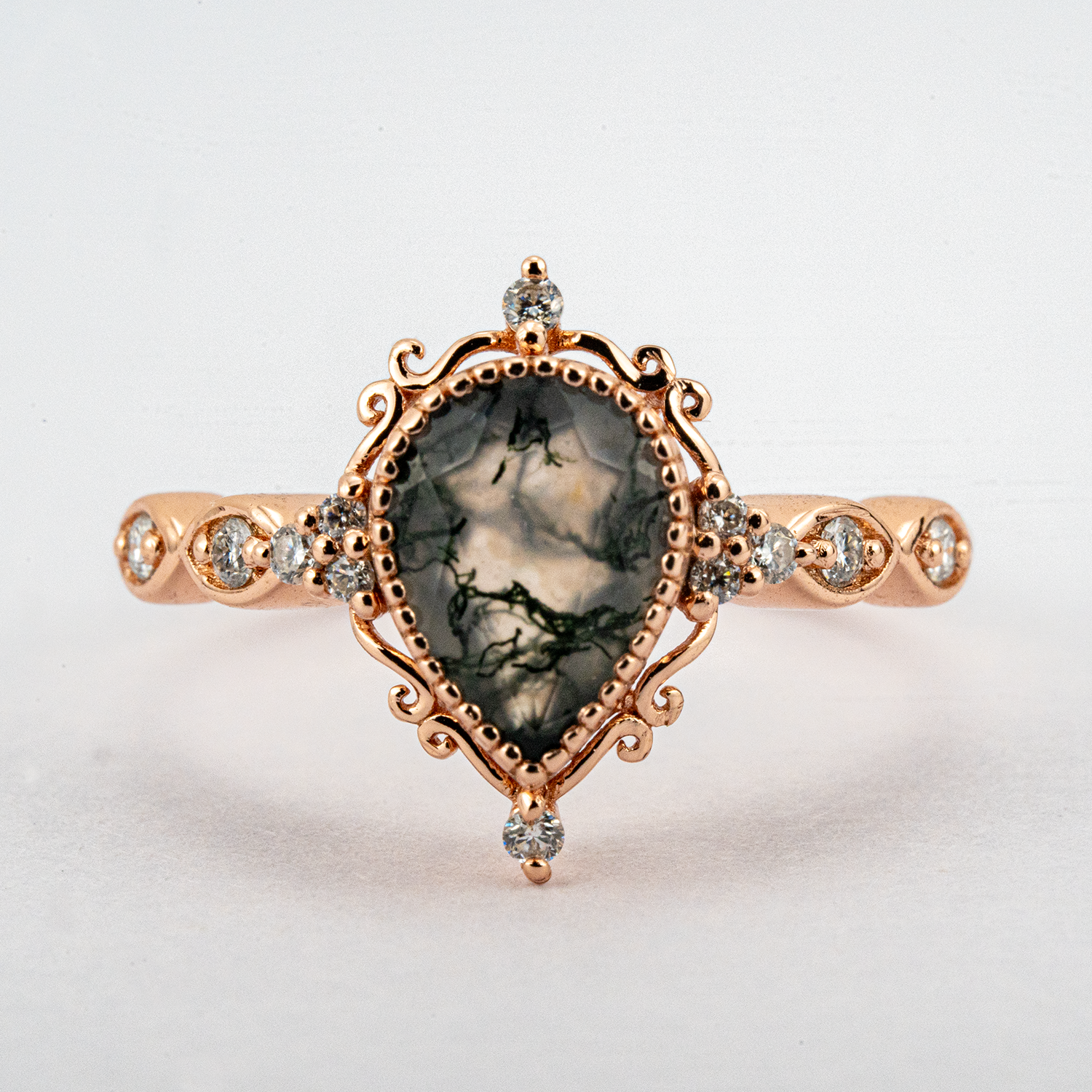 Wedding Ring with Pear Moss Agate Stone - Unique and Luxurious Design