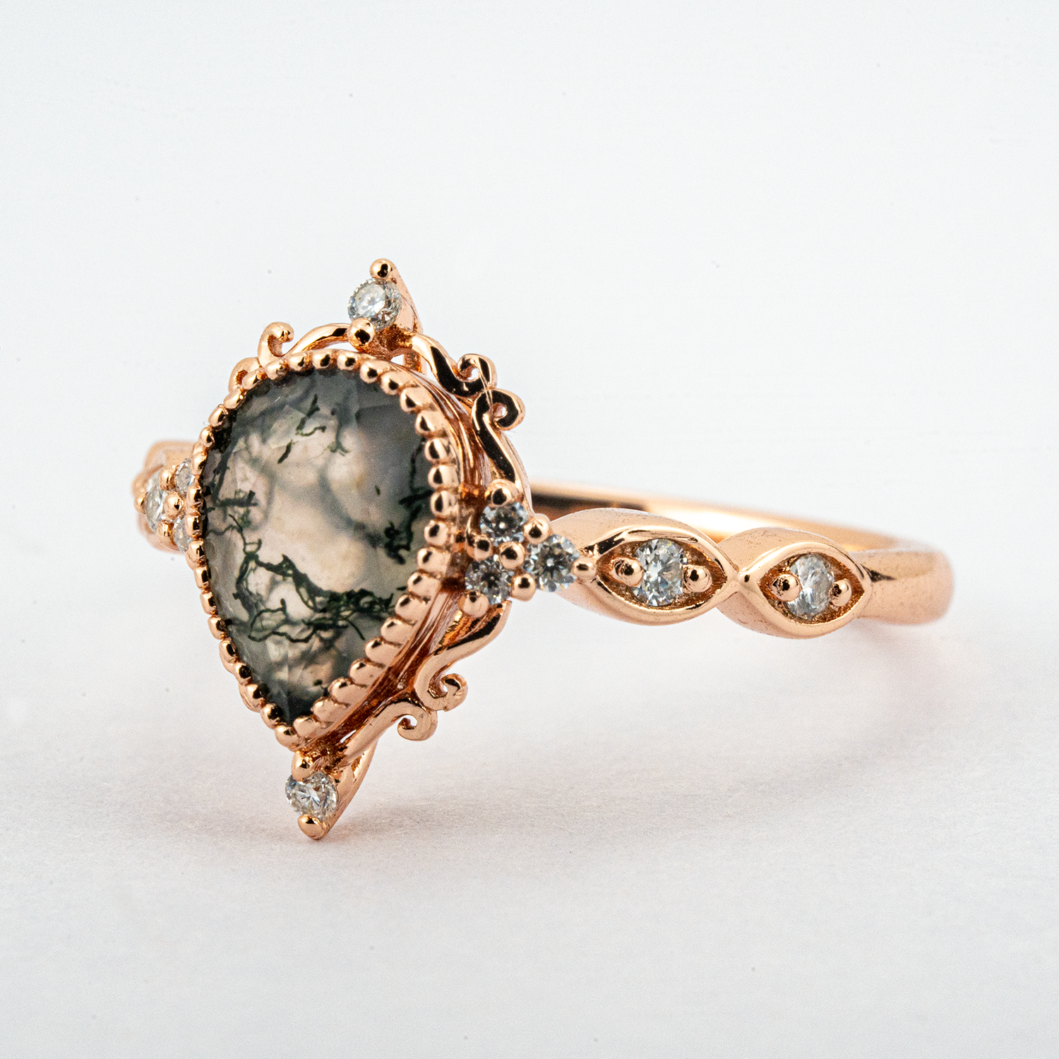 Wedding Ring with Pear Moss Agate Stone - Unique and Luxurious Design