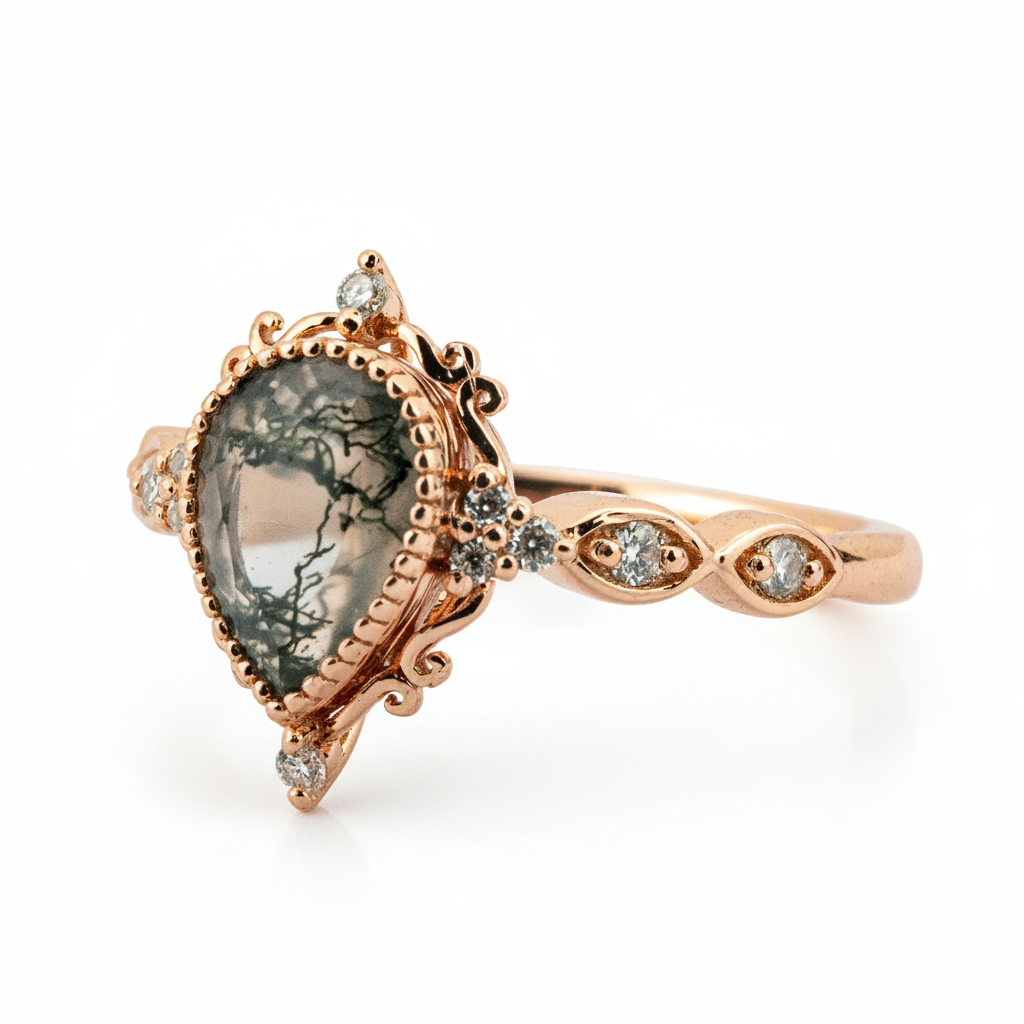 Product view of Pear Moss Agate Ring in Gold