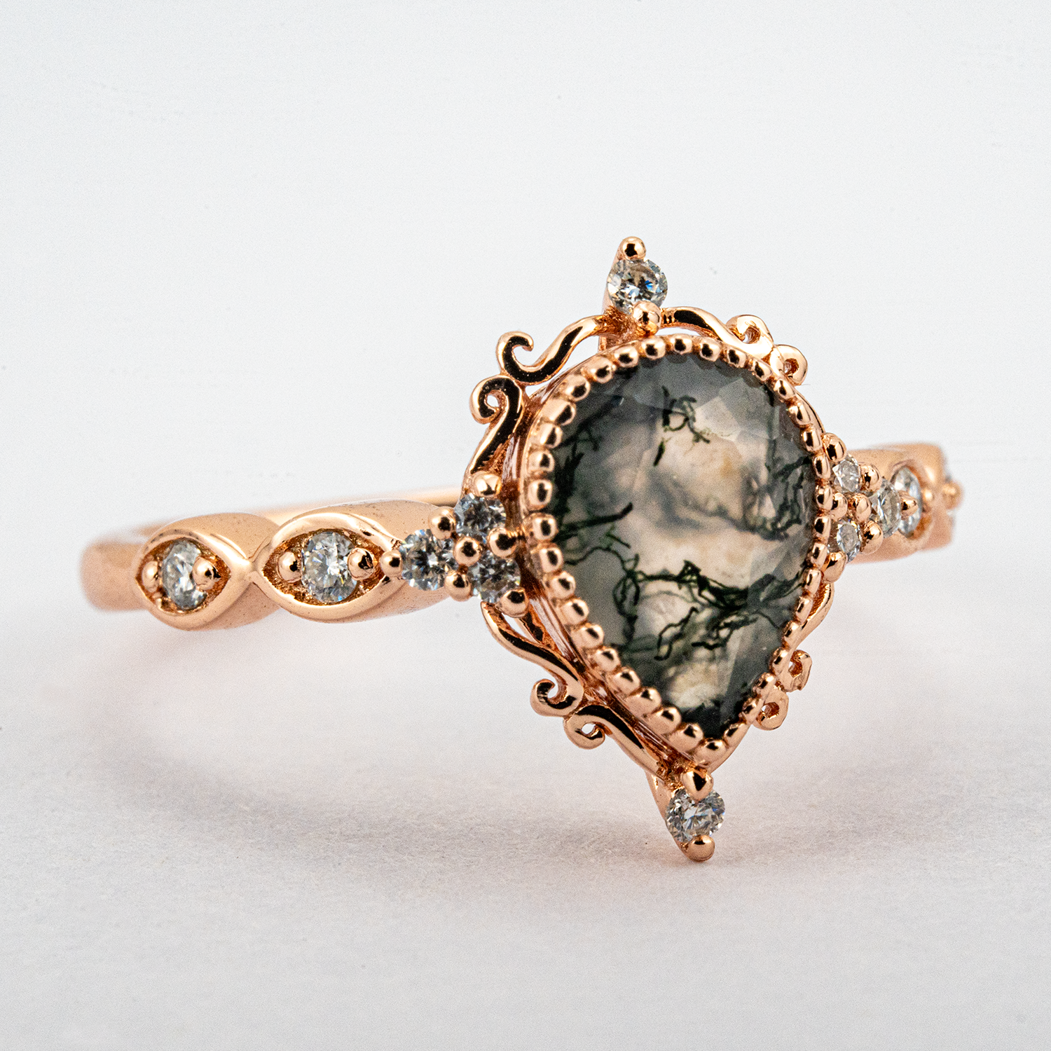 Wedding Ring with Pear Moss Agate Stone - Unique and Luxurious Design