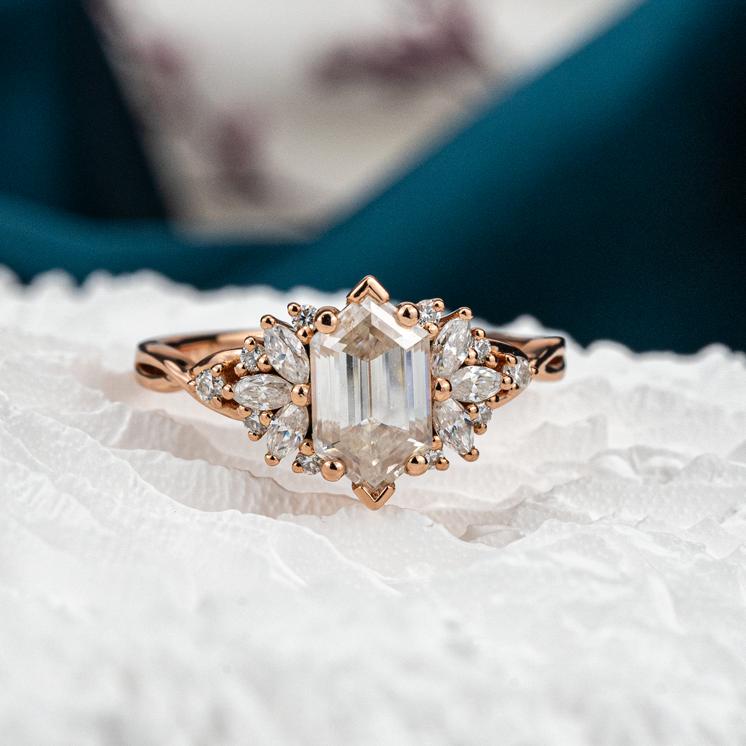 Long Hexagon Moissanite Flower Cluster Engagement Gold Ring