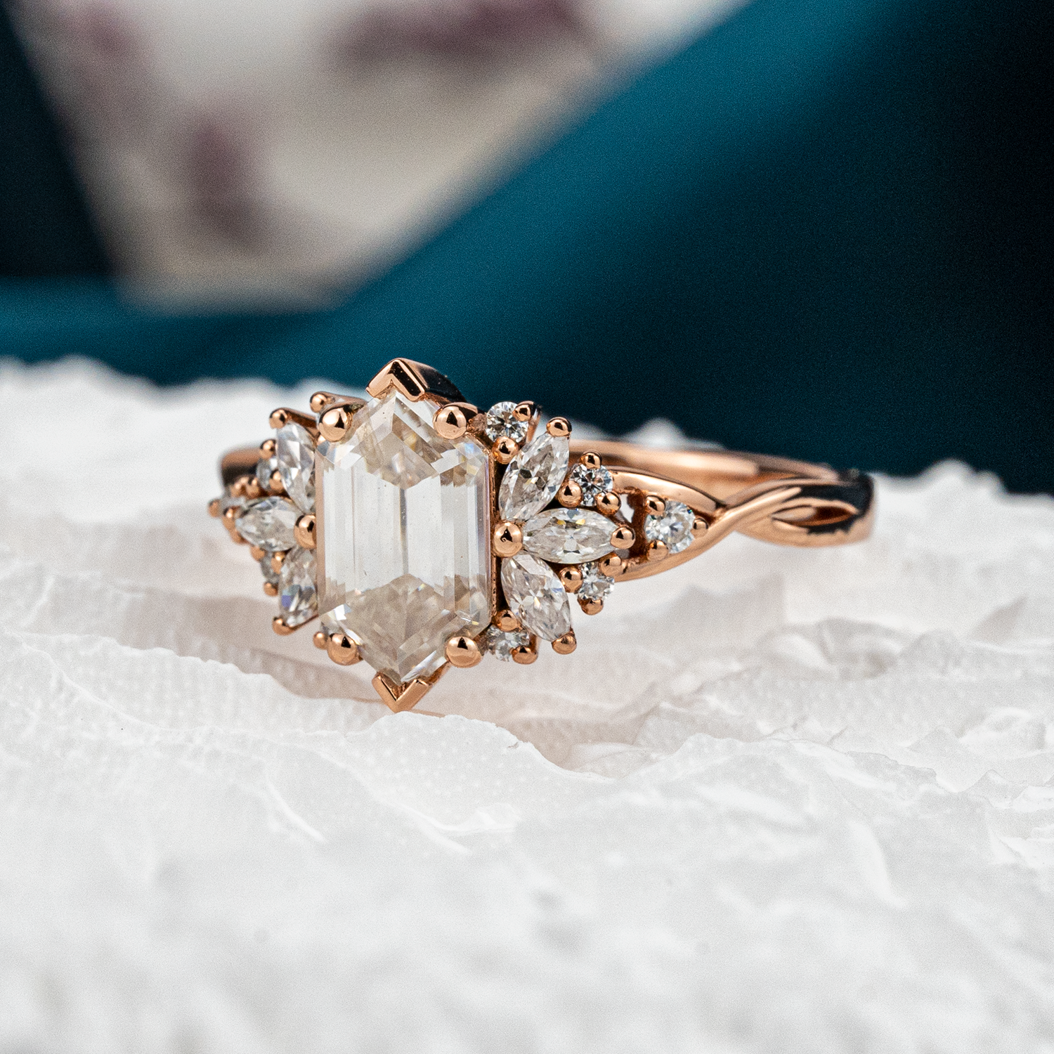 Long Hexagon Moissanite Flower Cluster Engagement Gold Ring