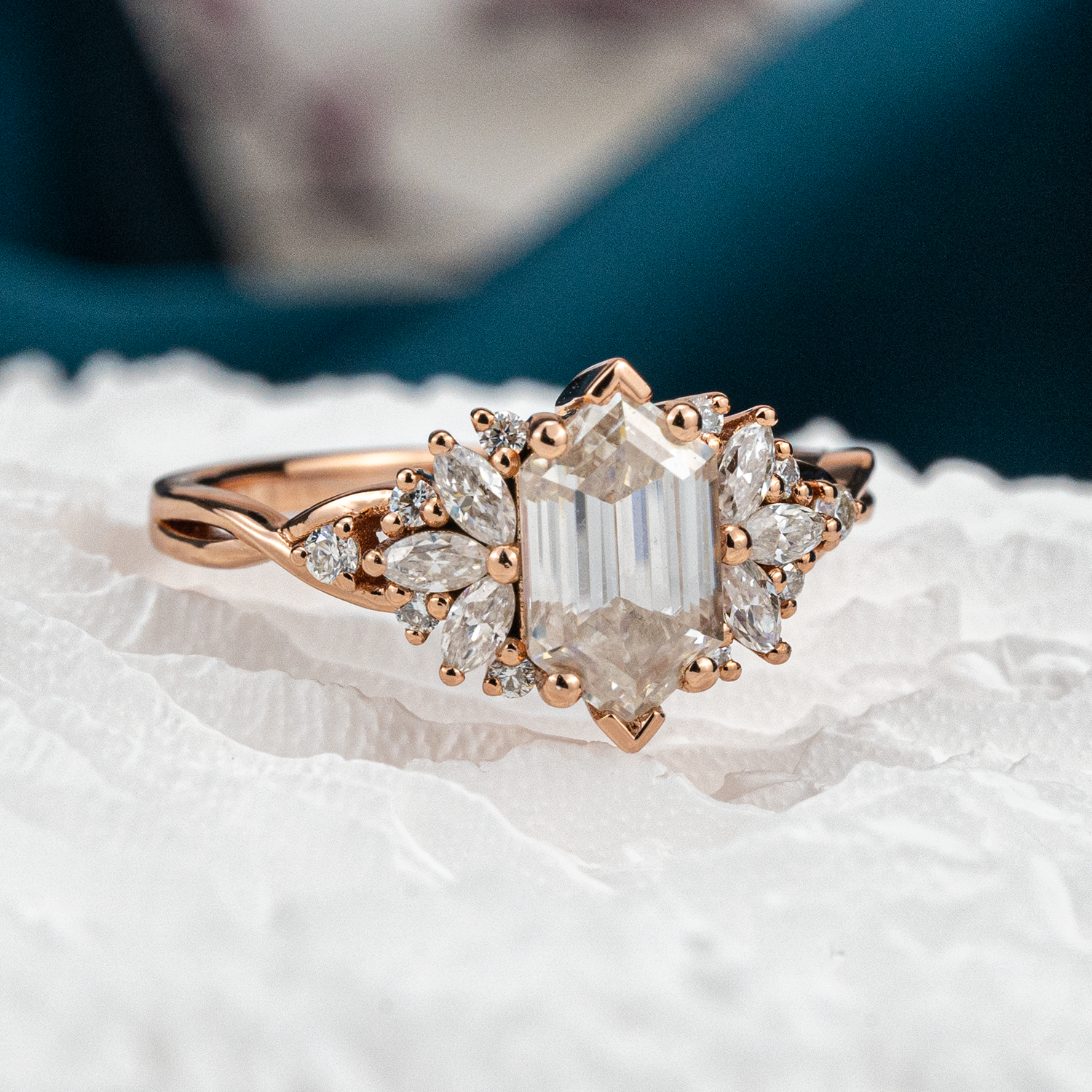 Long Hexagon Moissanite Flower Cluster Engagement Gold Ring