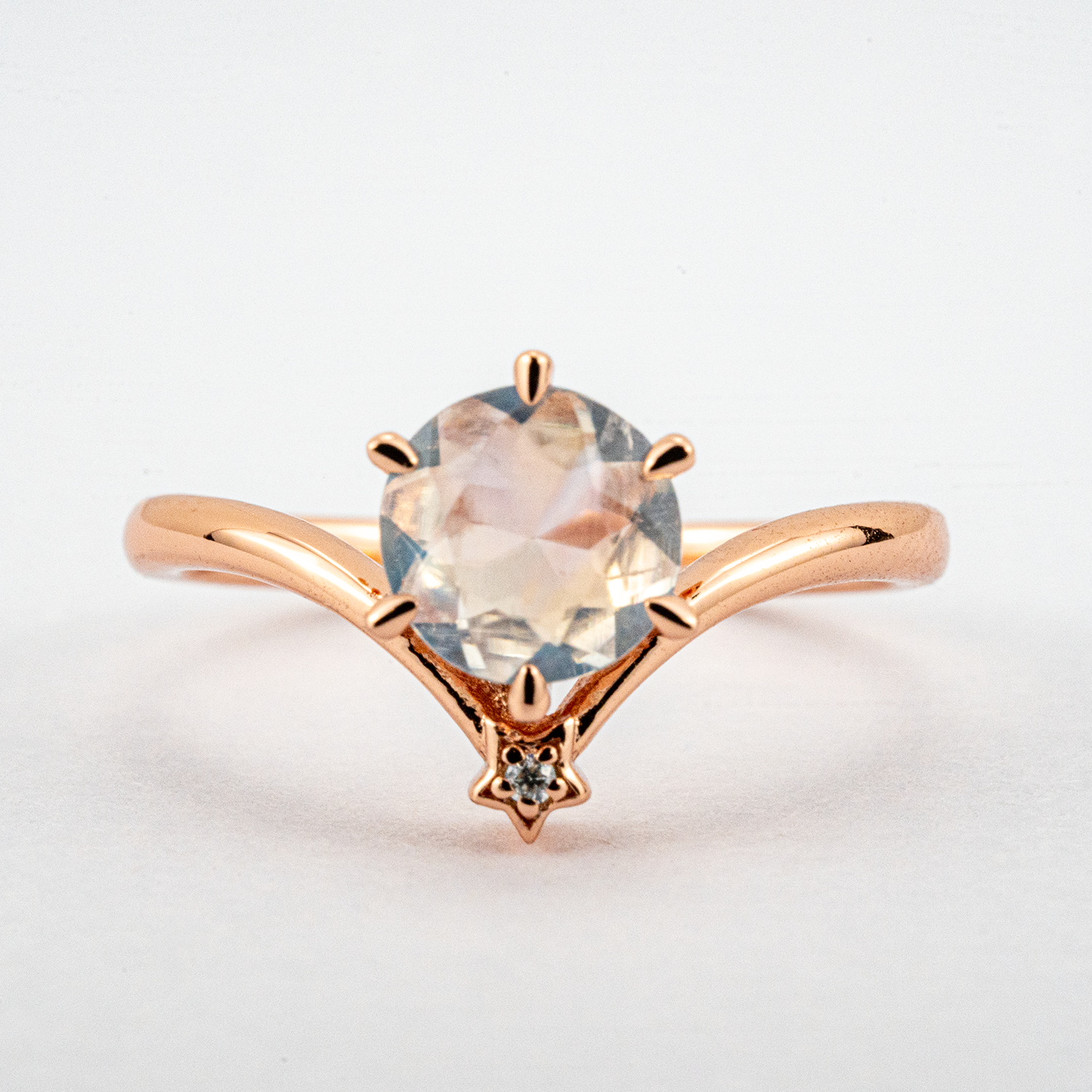 Minimalist Round Moonstone Engagement Ring With Moissanite.