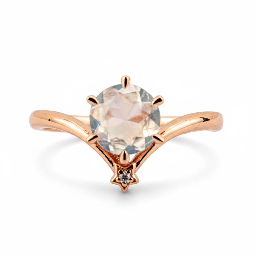 Round Moonstone Minimalist Engagement Ring with Moissanite & Diamond Accents - GemifySpace