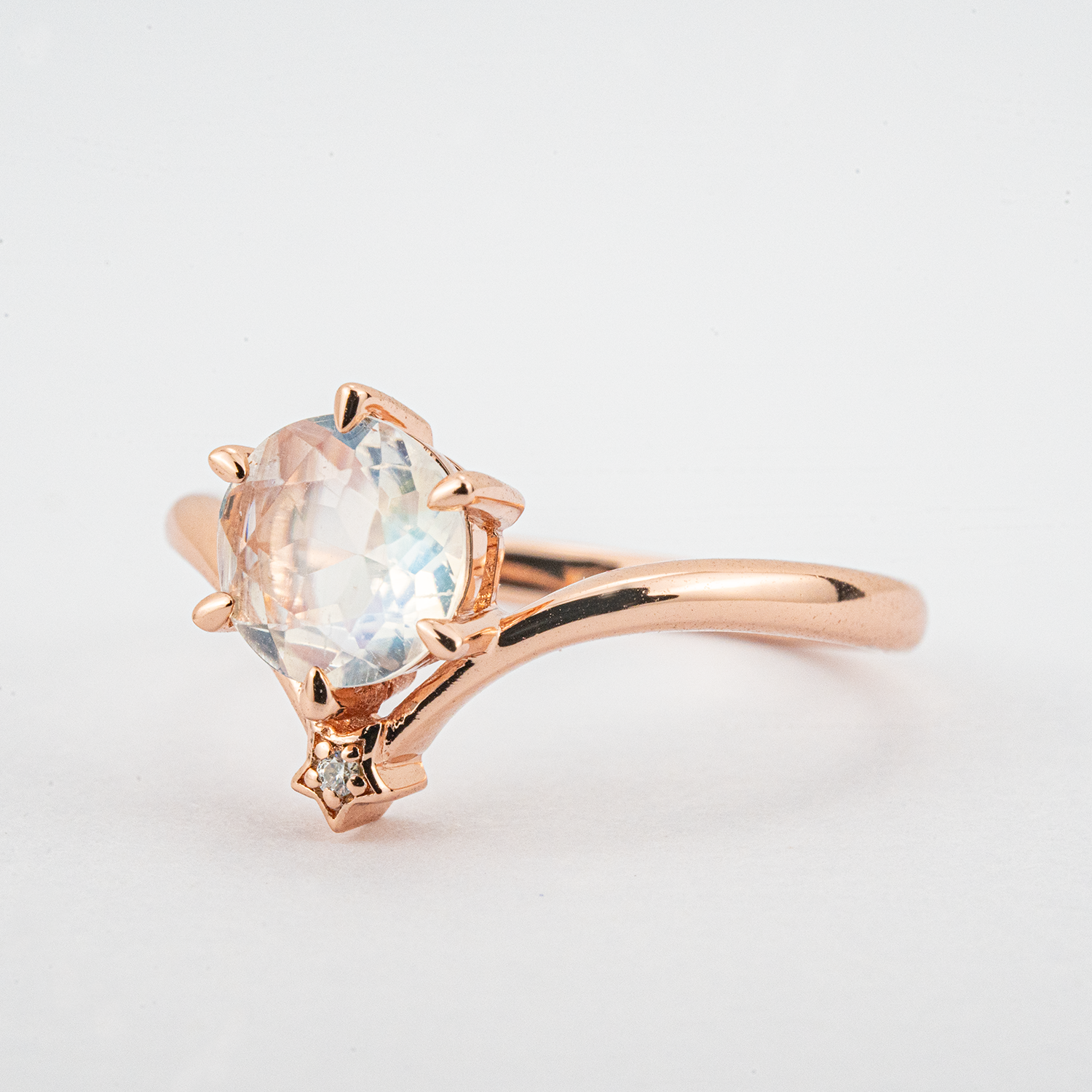 Minimalist Round Moonstone Engagement Ring With Moissanite.