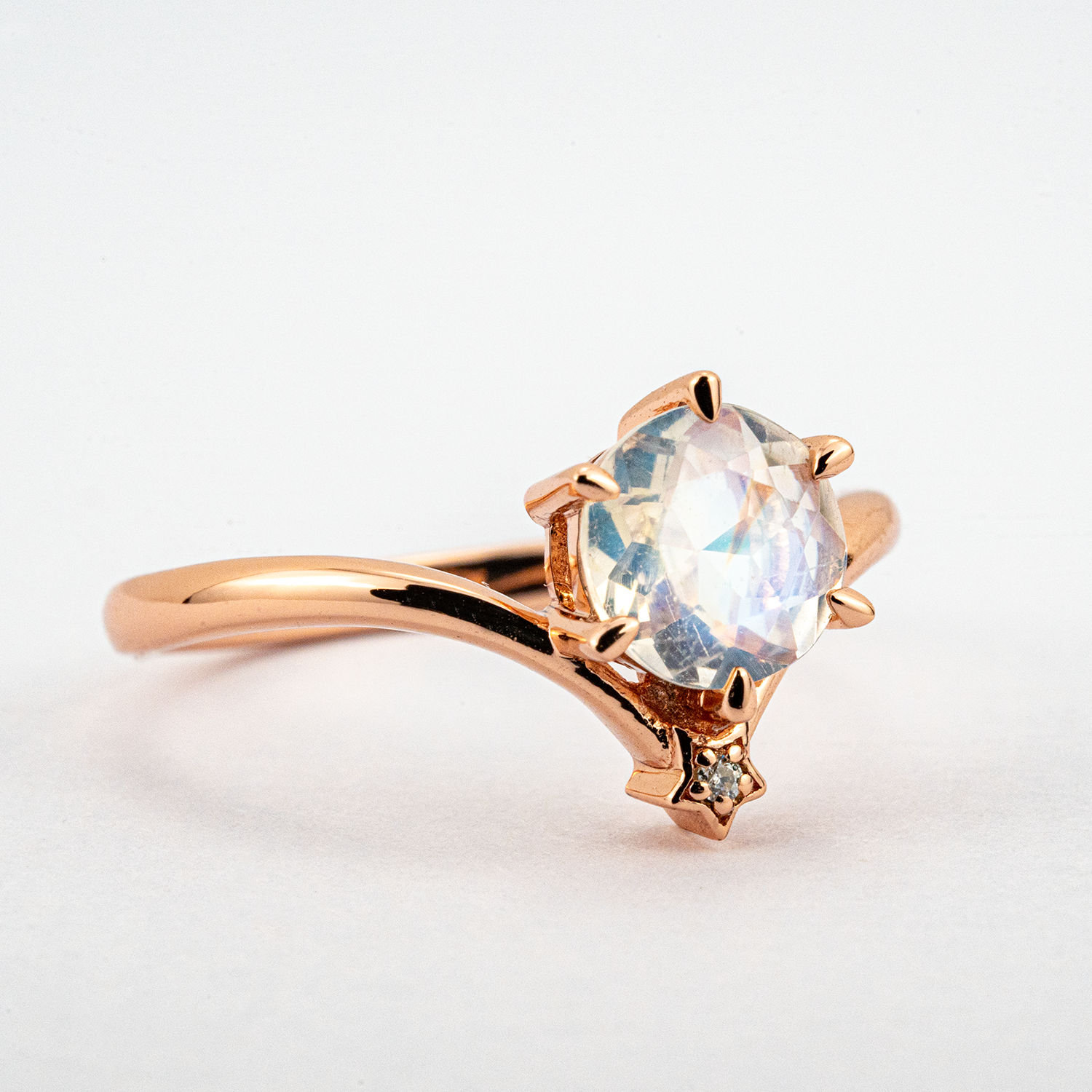 Minimalist Round Moonstone Engagement Ring With Moissanite.