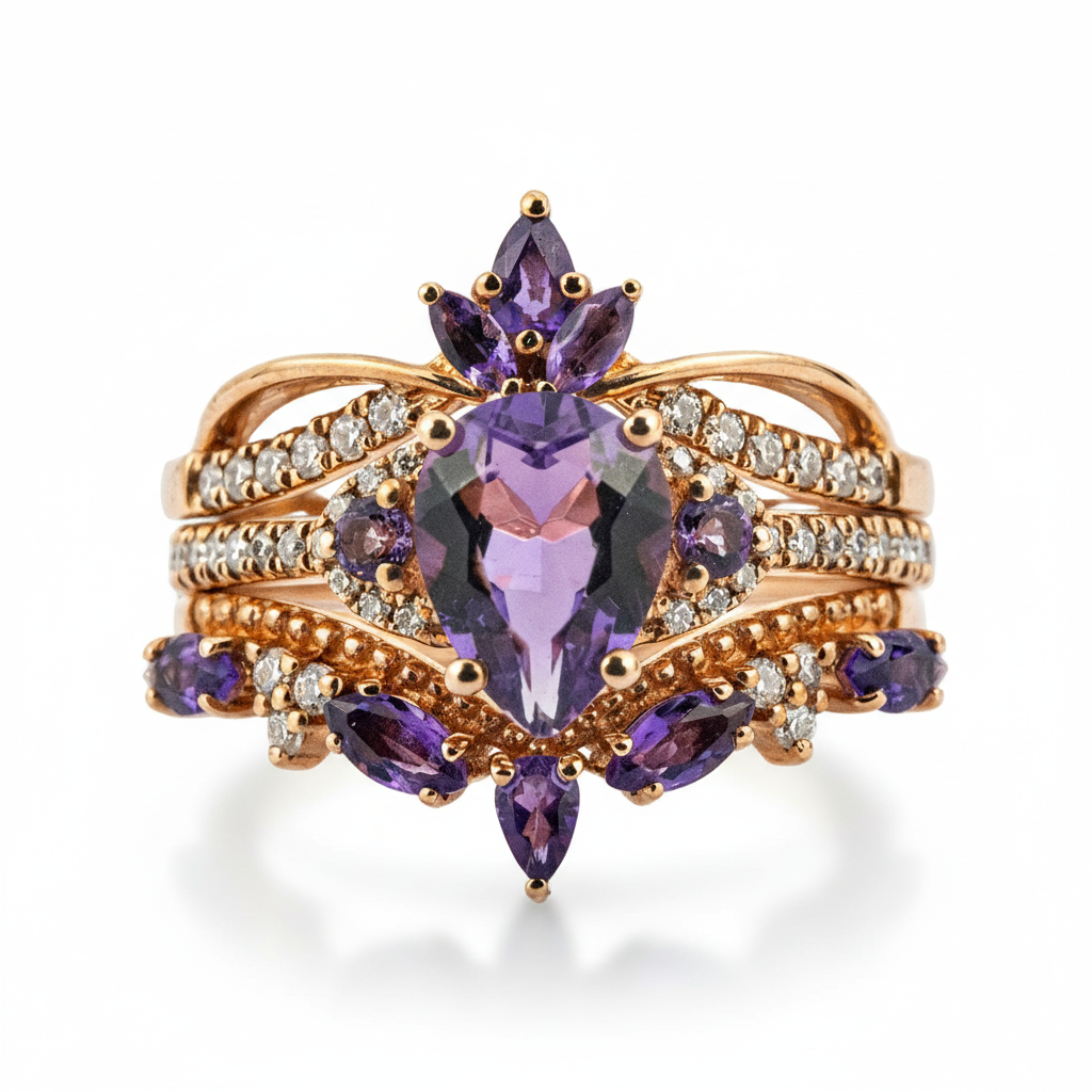 Exude luxury with our stunning Pear Amethyst Ring Set, featuring lavish Amethyst gemstones.