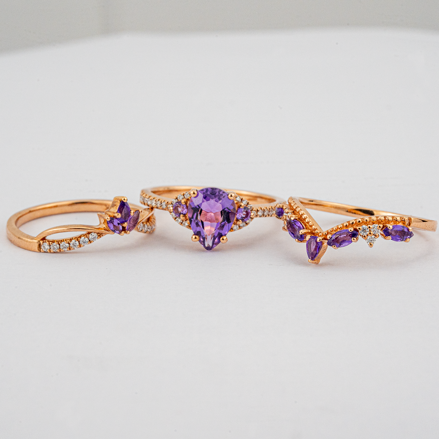 Exude luxury with our stunning Pear Amethyst Ring Set, featuring lavish Amethyst gemstones.