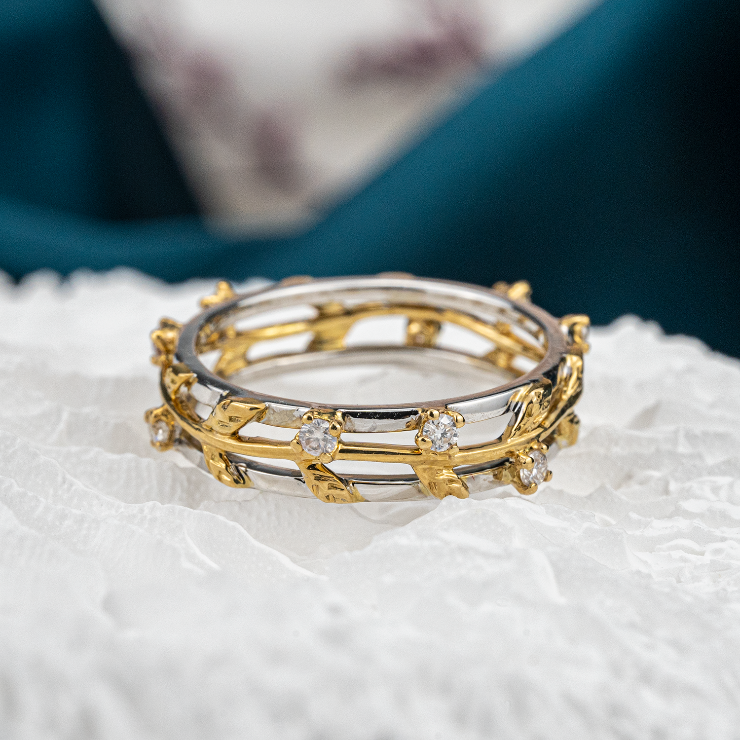 Colorful moissanite wedding ring with intricate details, perfect for adding a pop of color to your bridal ensemble.