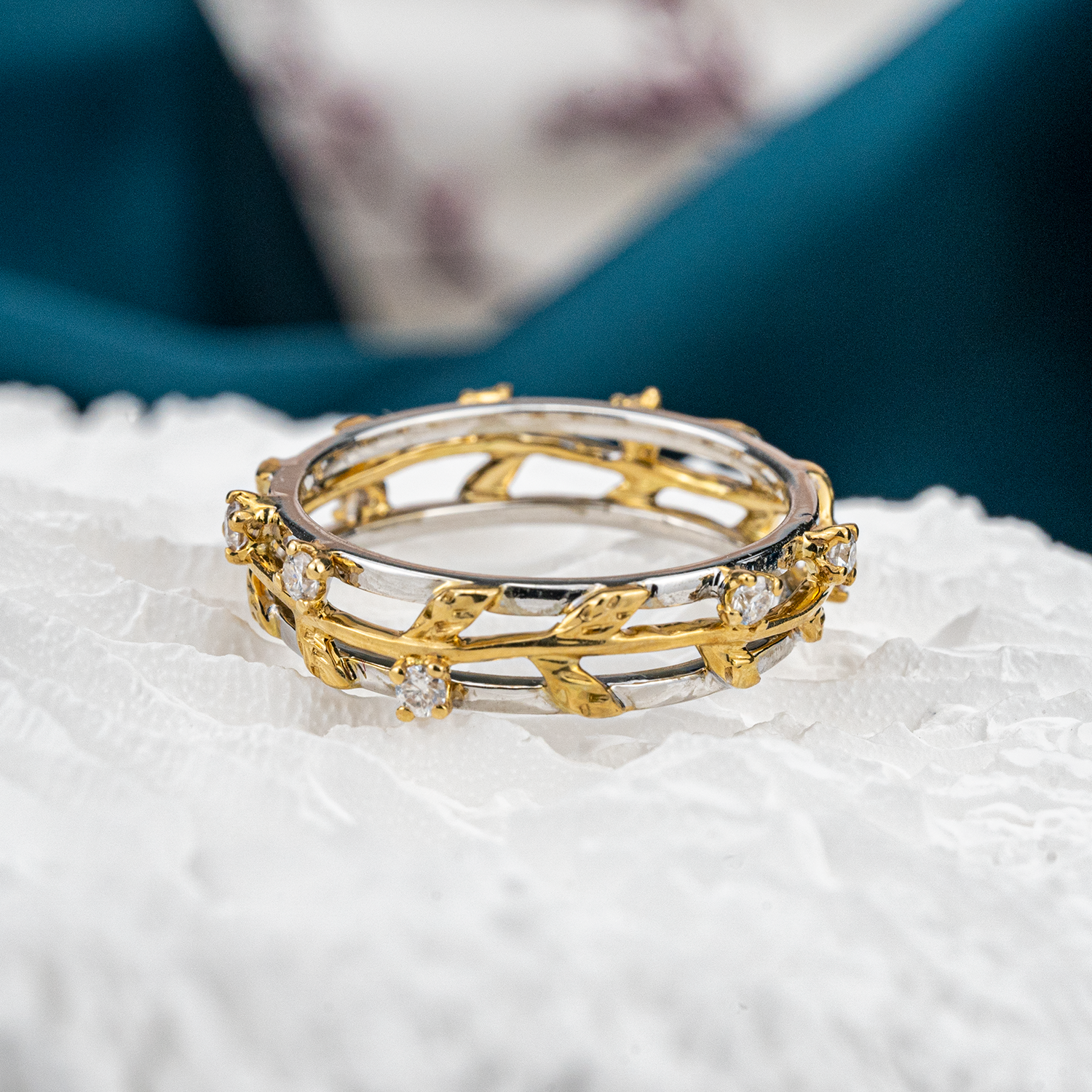 Colorful moissanite wedding ring with intricate details, perfect for adding a pop of color to your bridal ensemble.