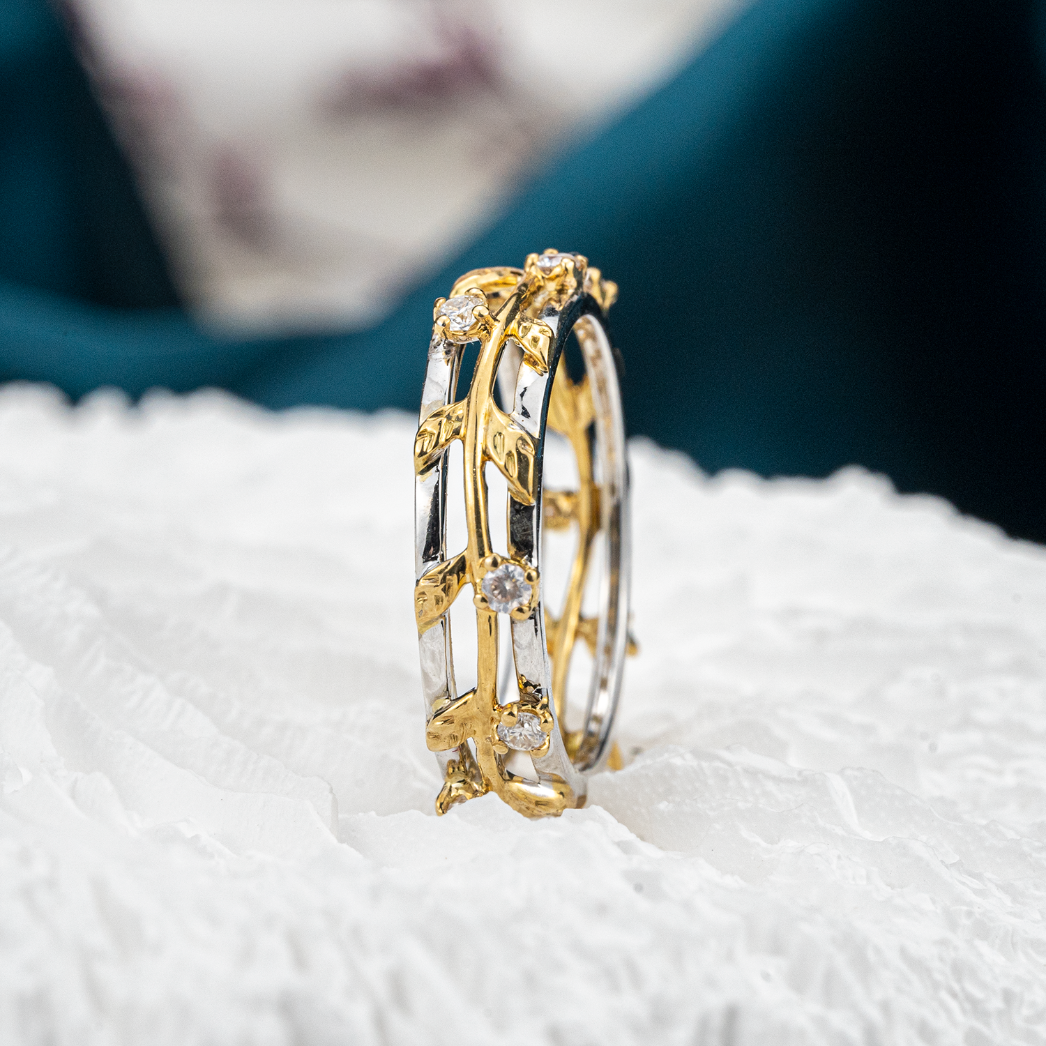 Colorful moissanite wedding ring with intricate details, perfect for adding a pop of color to your bridal ensemble.