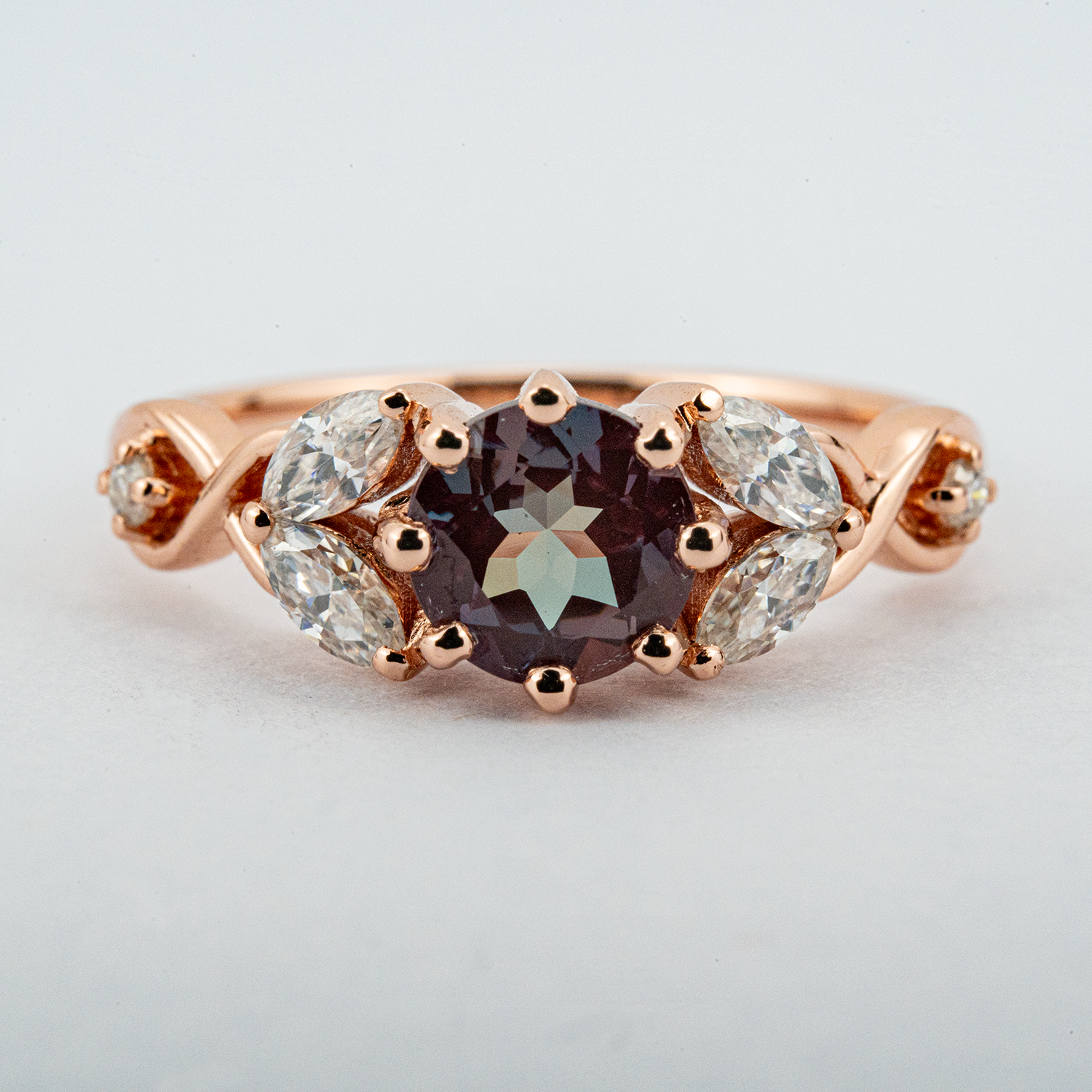Round Lab Alexandrite Gold Ring With Moissanite.