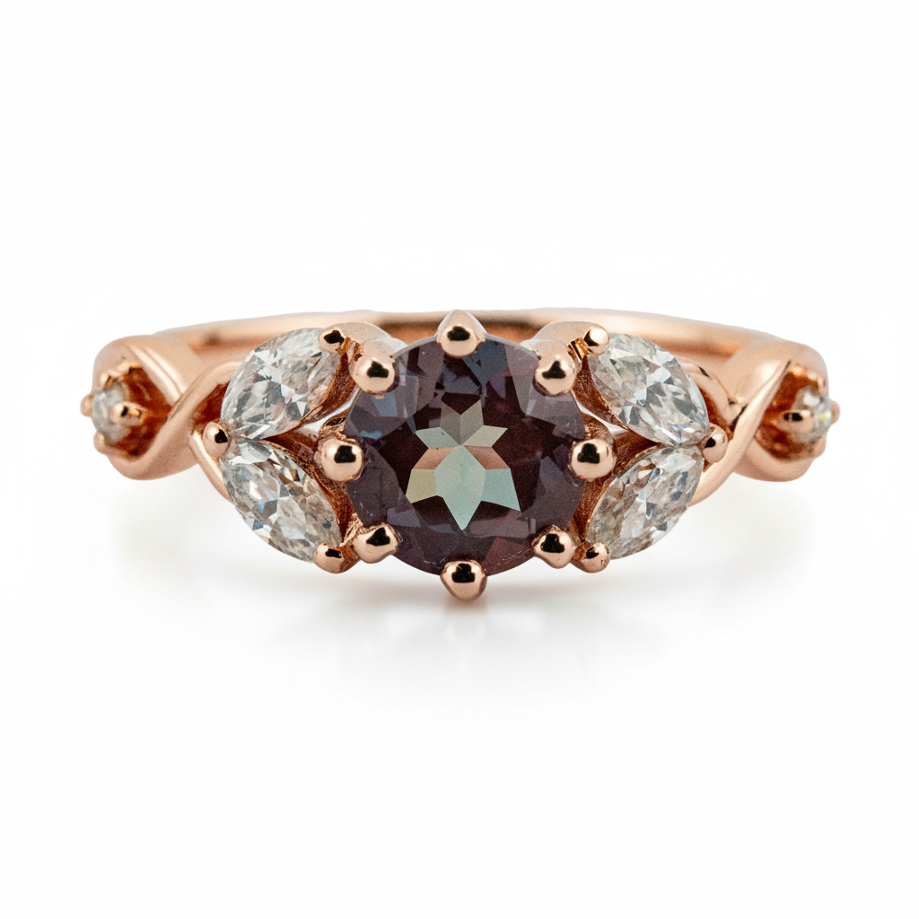 Round Alexandrite Gold Ring with Moissanite & Diamond Accents - GemifySpace