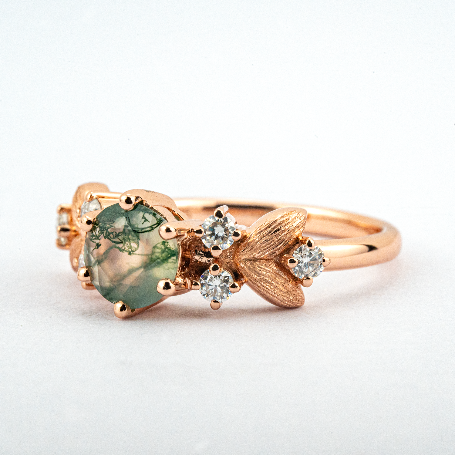 Round Moss Agate Rose Gold Engagement Ring With Moissanite.