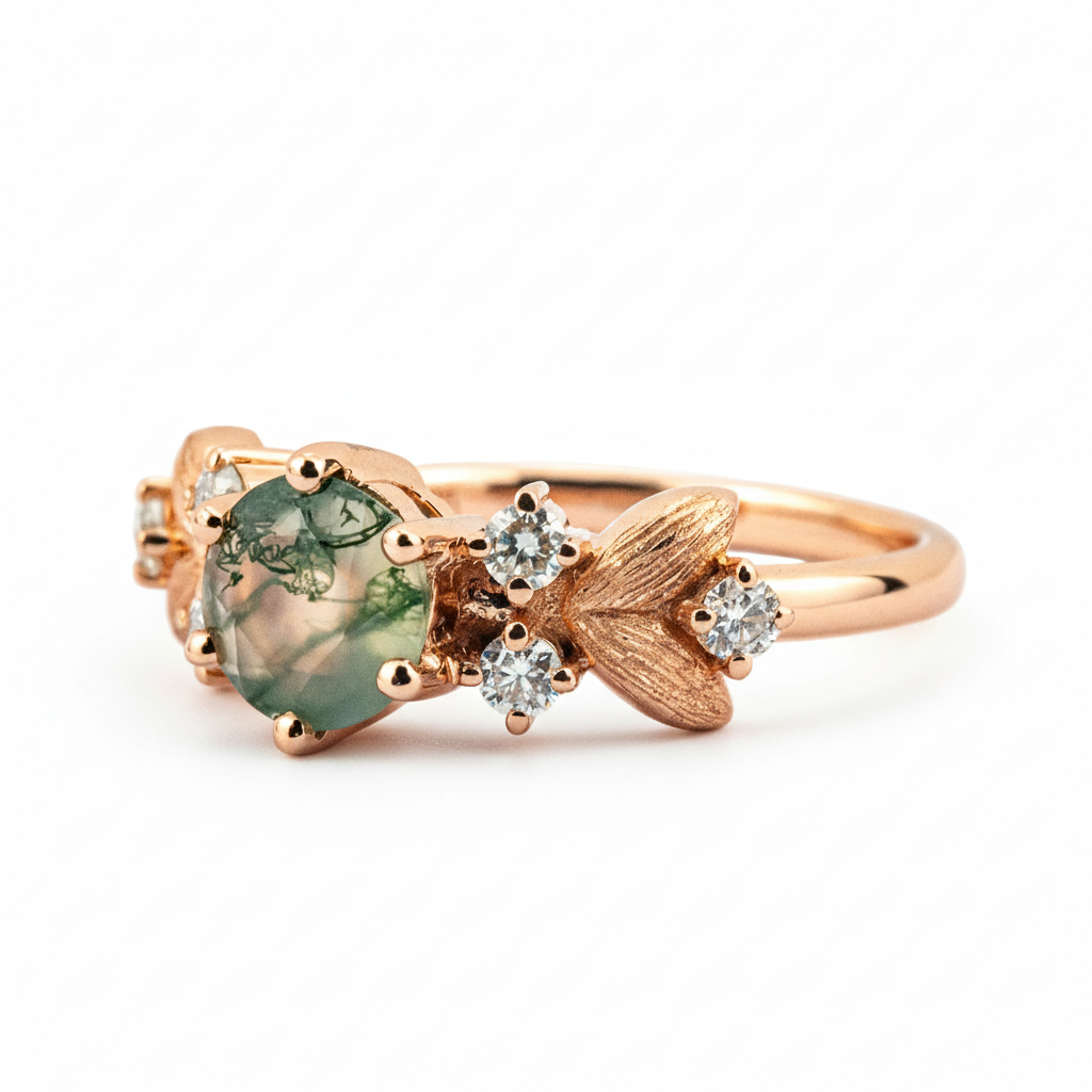 Product view of Round Moss Agate Engagement Ring in Rose Gold