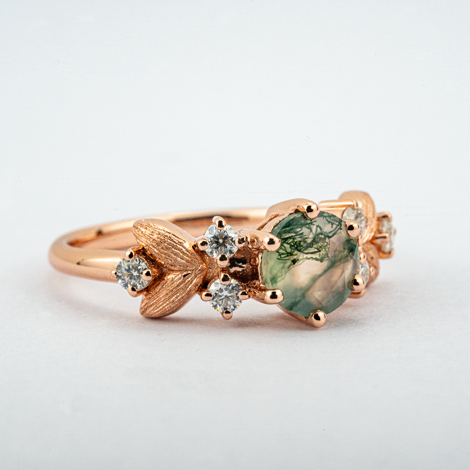 Round Moss Agate Rose Gold Engagement Ring With Moissanite.