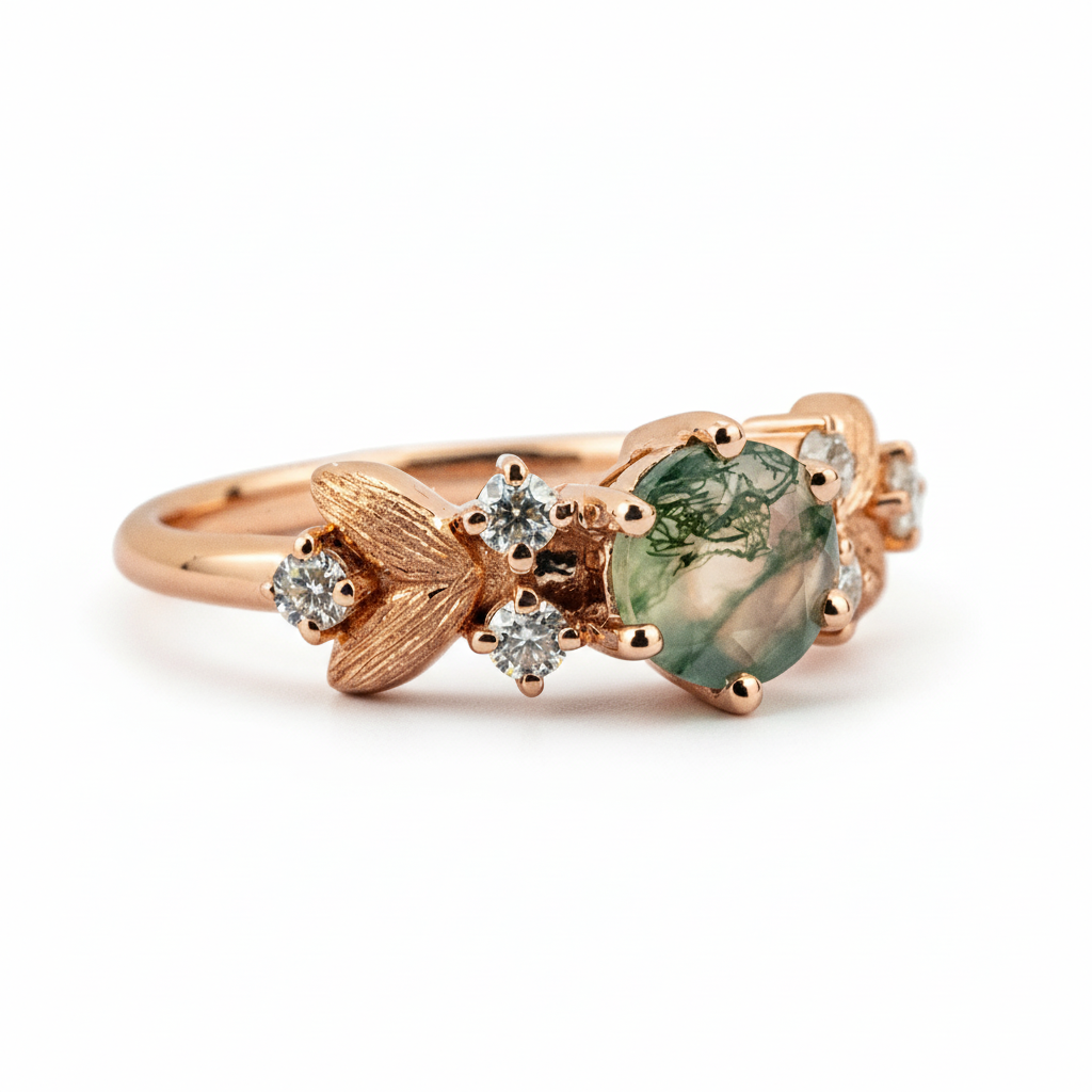 Product view of Round Moss Agate Engagement Ring in Rose Gold