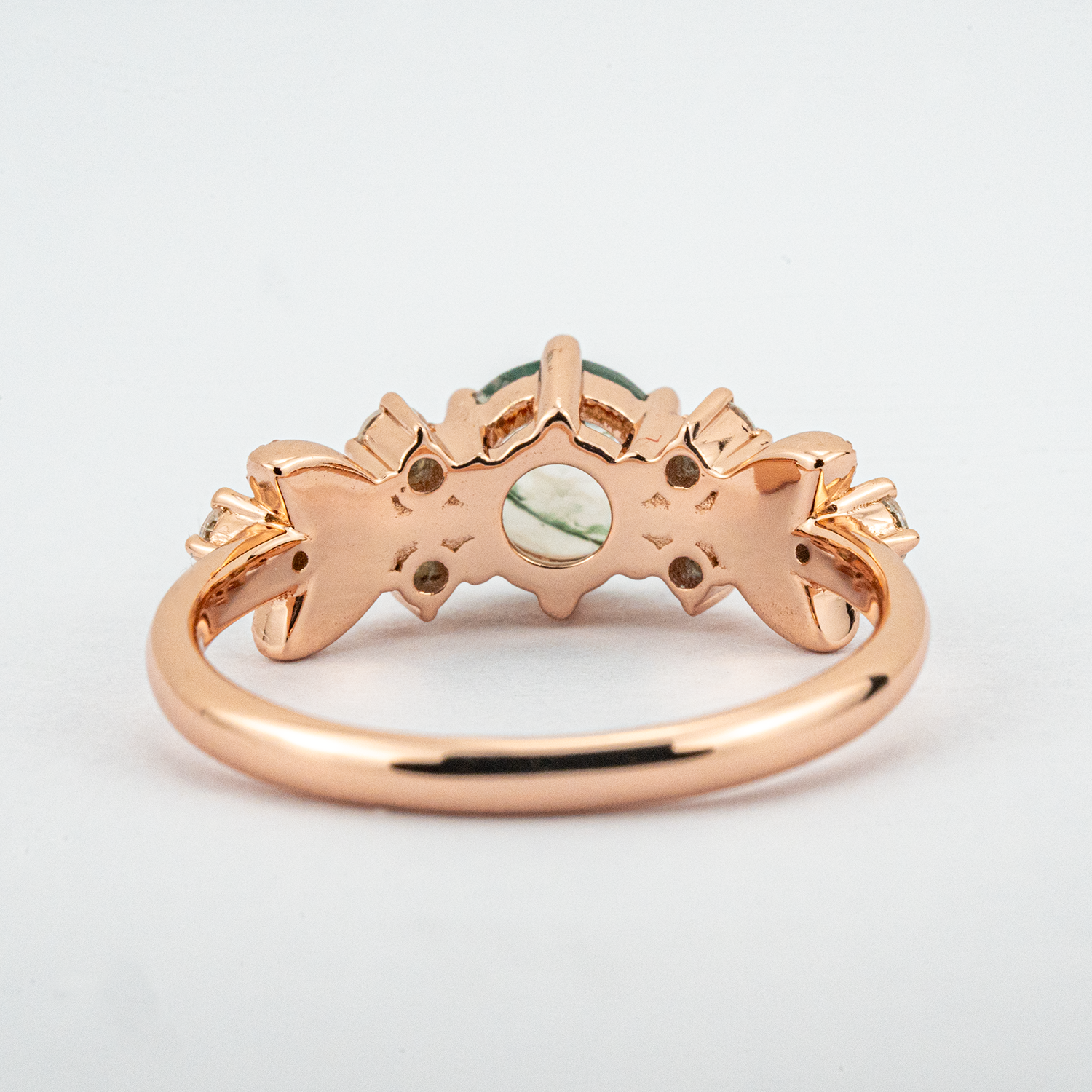 Round Moss Agate Rose Gold Engagement Ring With Moissanite.