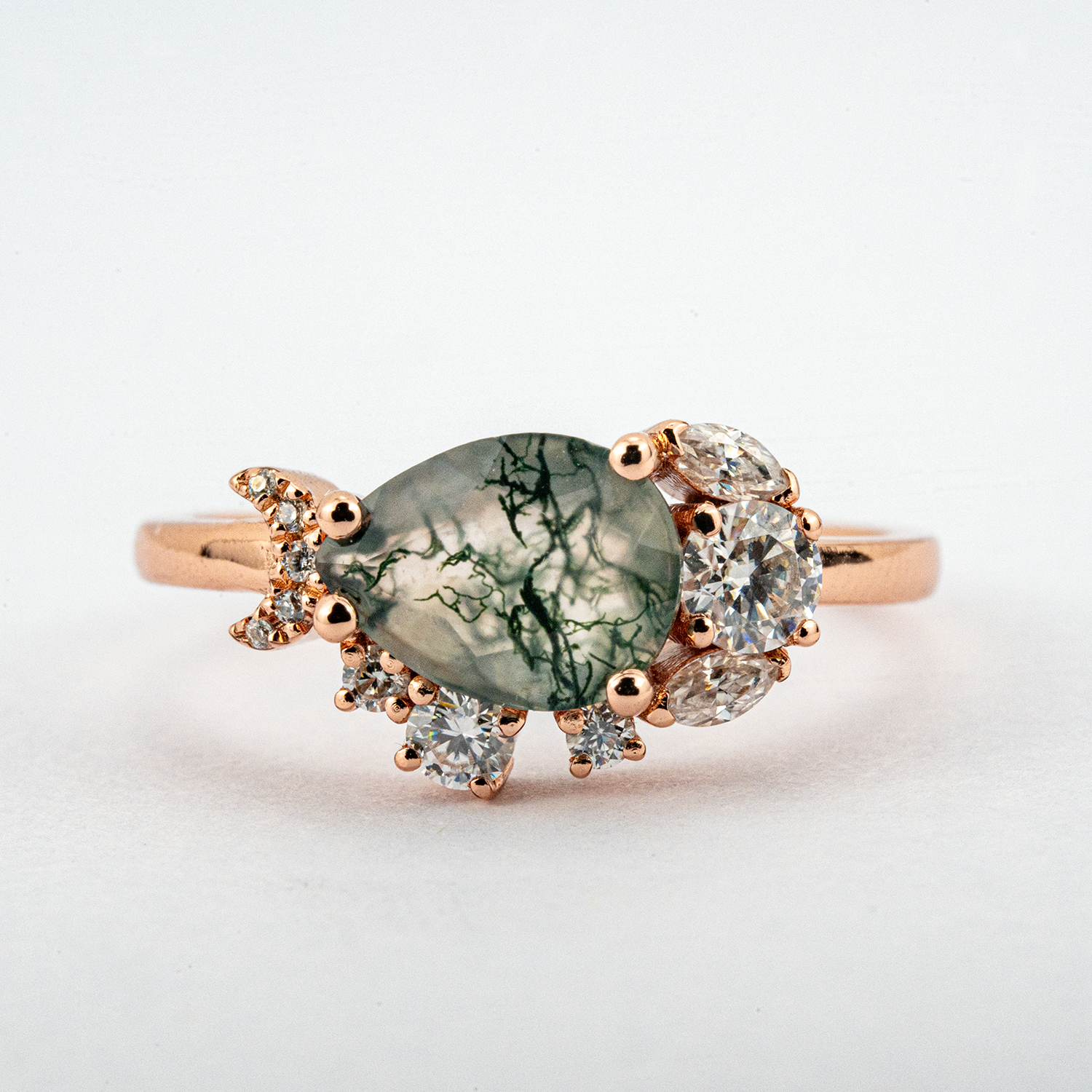 Nature Inspired Design Pear Shape Moss Agate Ring With Moissanite.