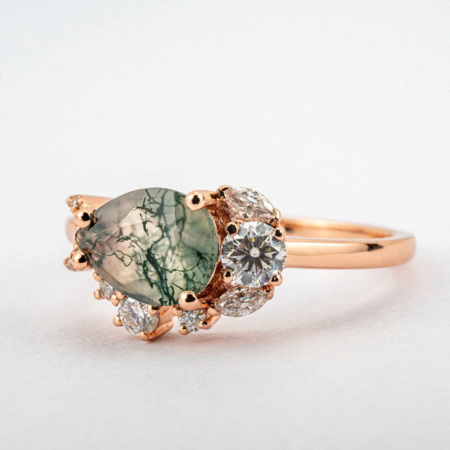 Nature Inspired Design Pear Shape Moss Agate Ring With Moissanite.