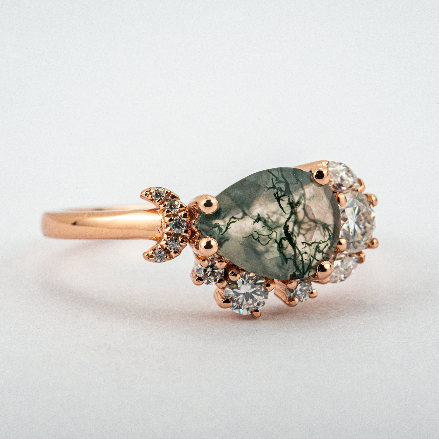 Nature Inspired Design Pear Shape Moss Agate Ring With Moissanite.