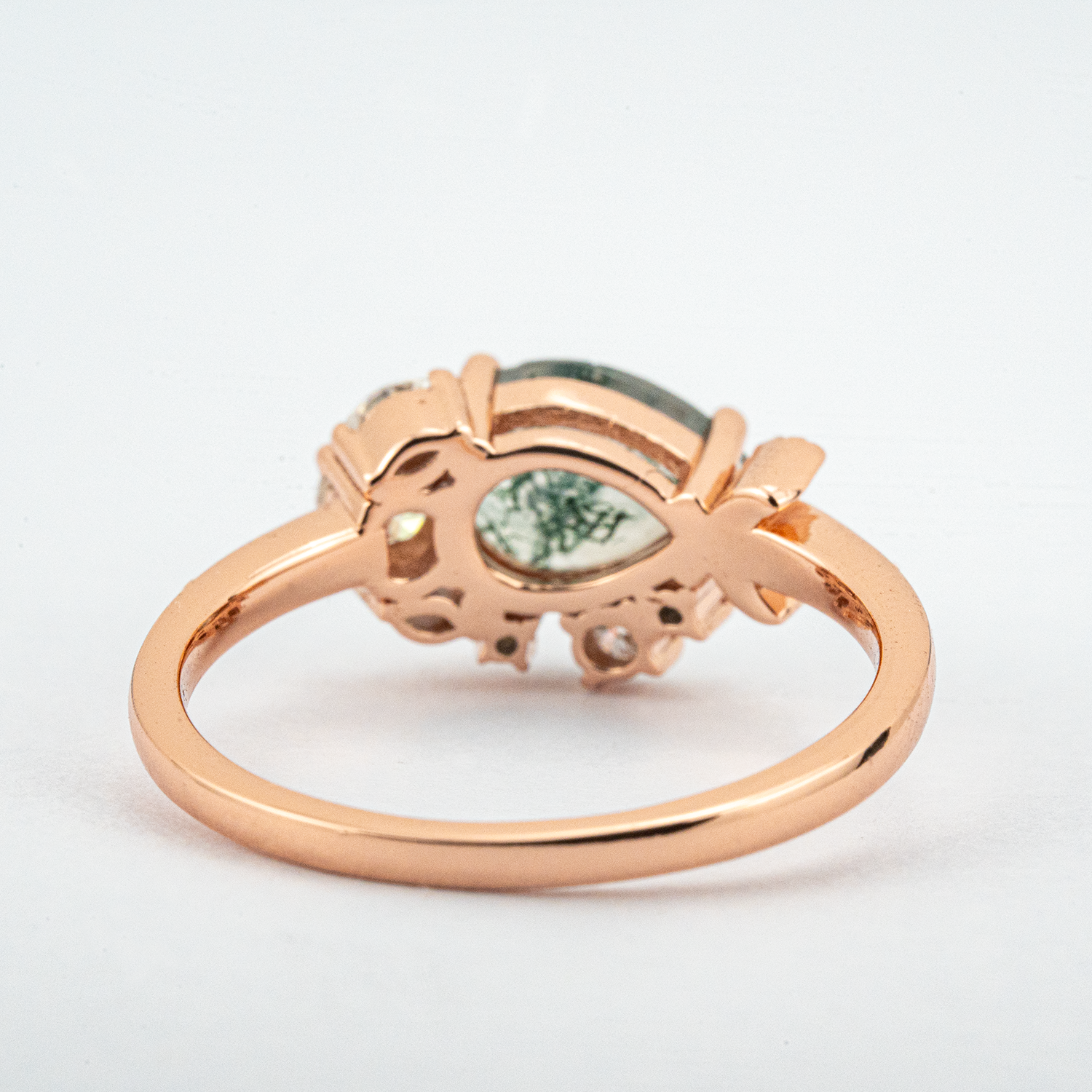 Nature Inspired Design Pear Shape Moss Agate Ring With Moissanite.