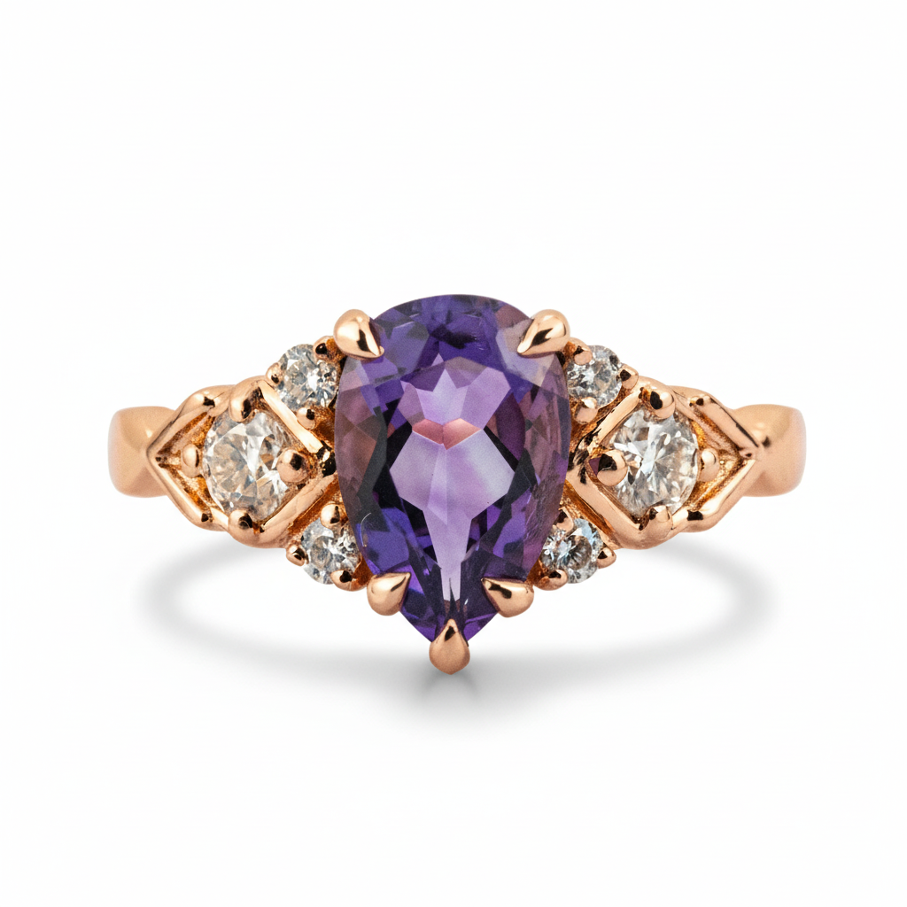 Classic Pear Amethyst Gold Ring Engagement Ring.