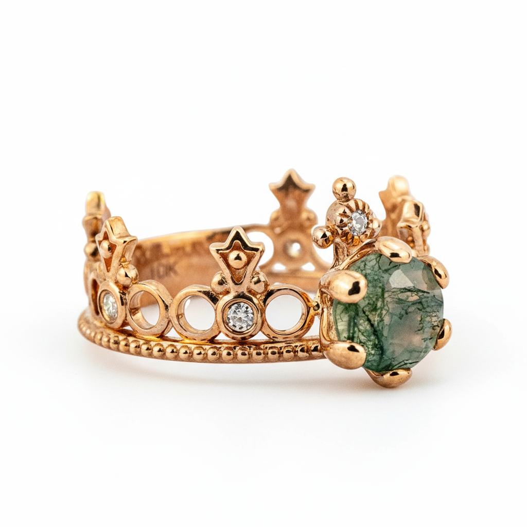 Product view of Round Moss Agate Ring in Rose Gold