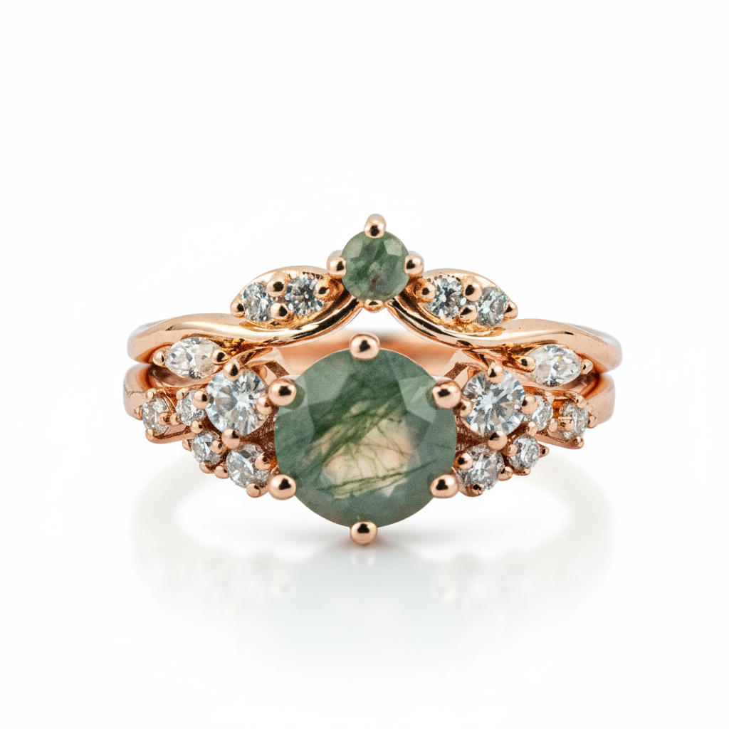 Front view of Round Moss Agate Ring Set in Gold