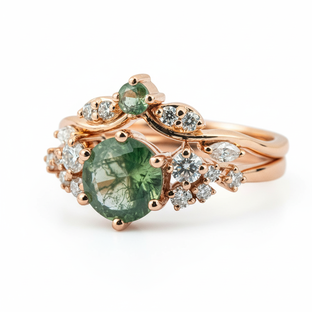 Product view of Round Moss Agate Ring Set in Gold