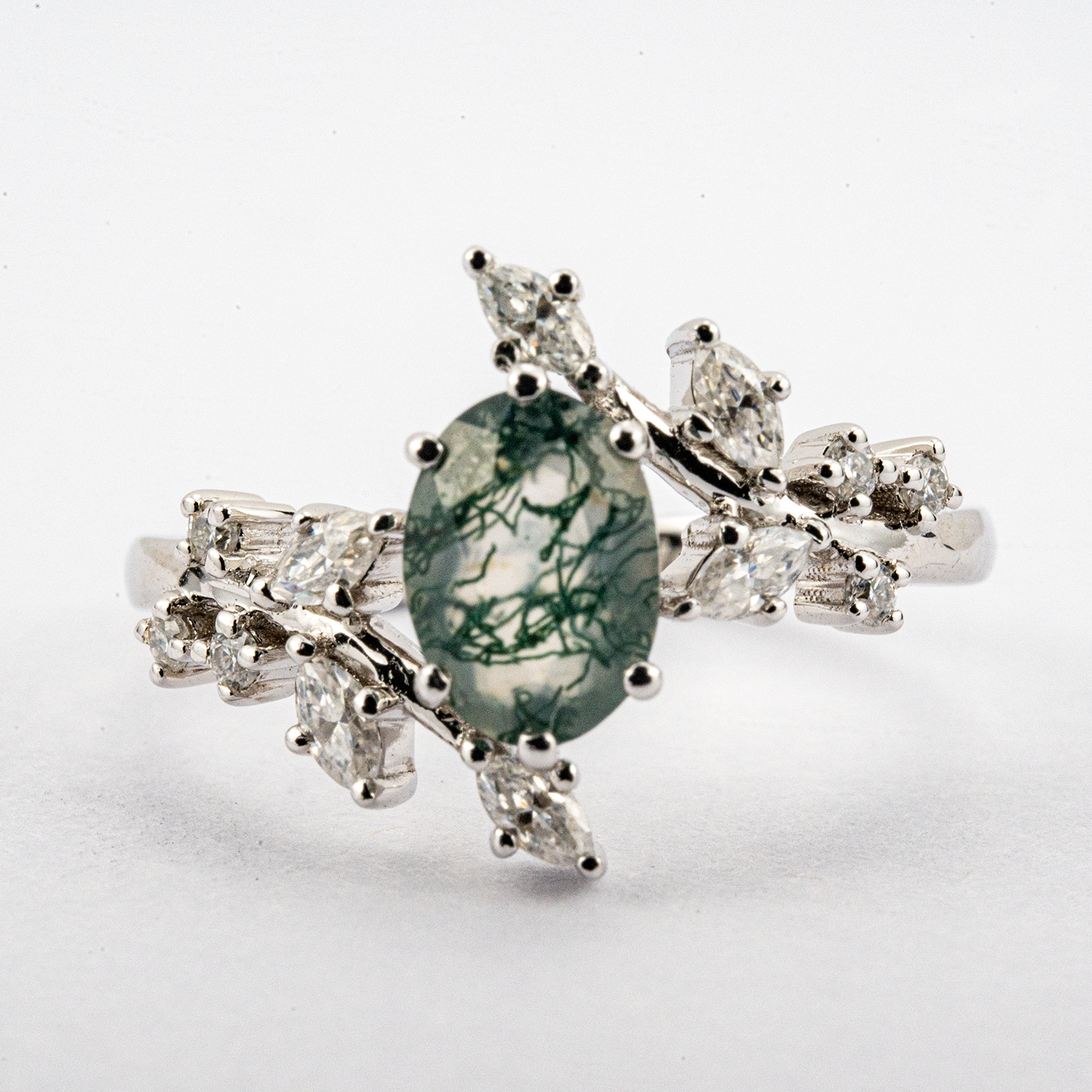 Oval Moss Agate White Gold Leaf Ring.