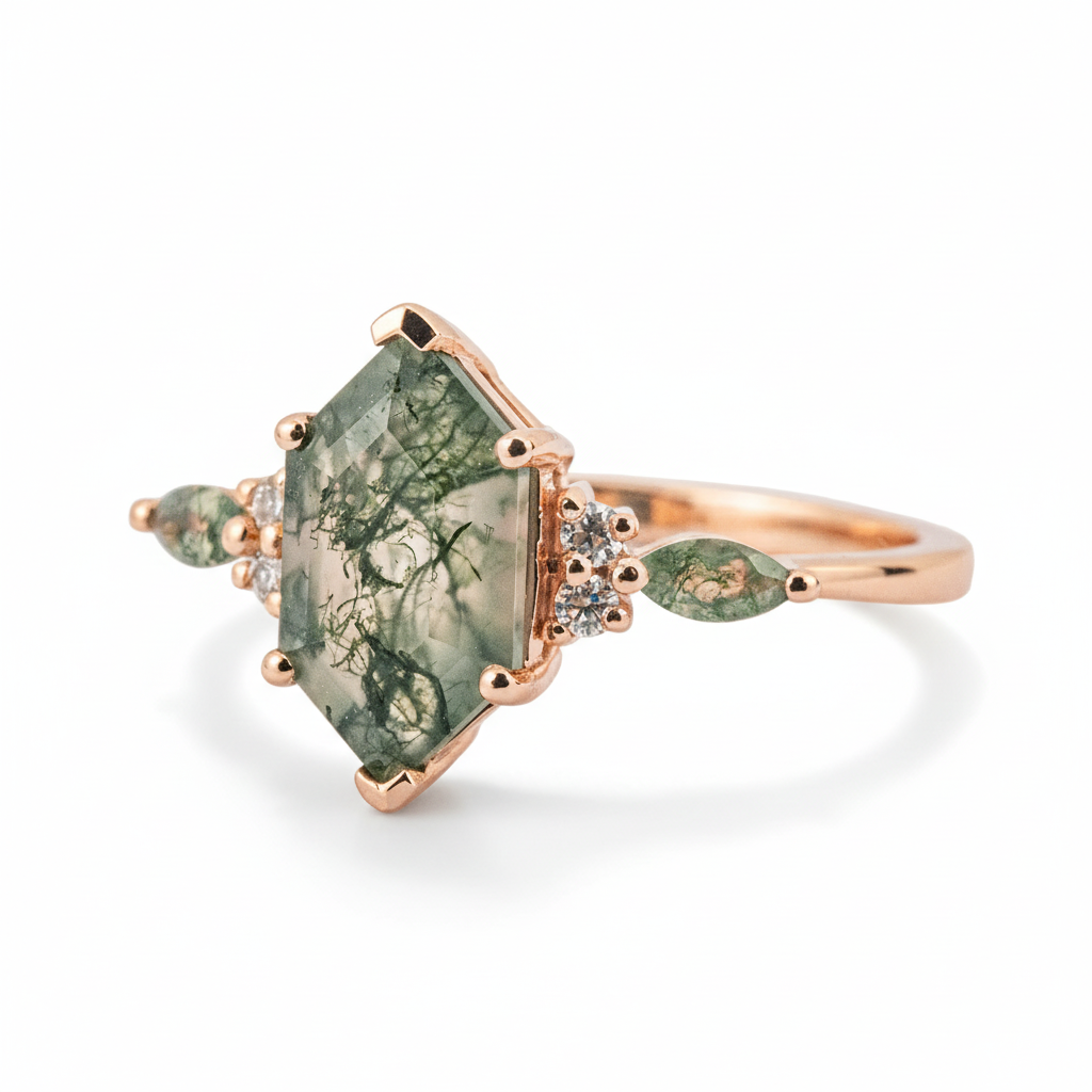 Product view of Long Hexagon Moss Agate Ring in Gold