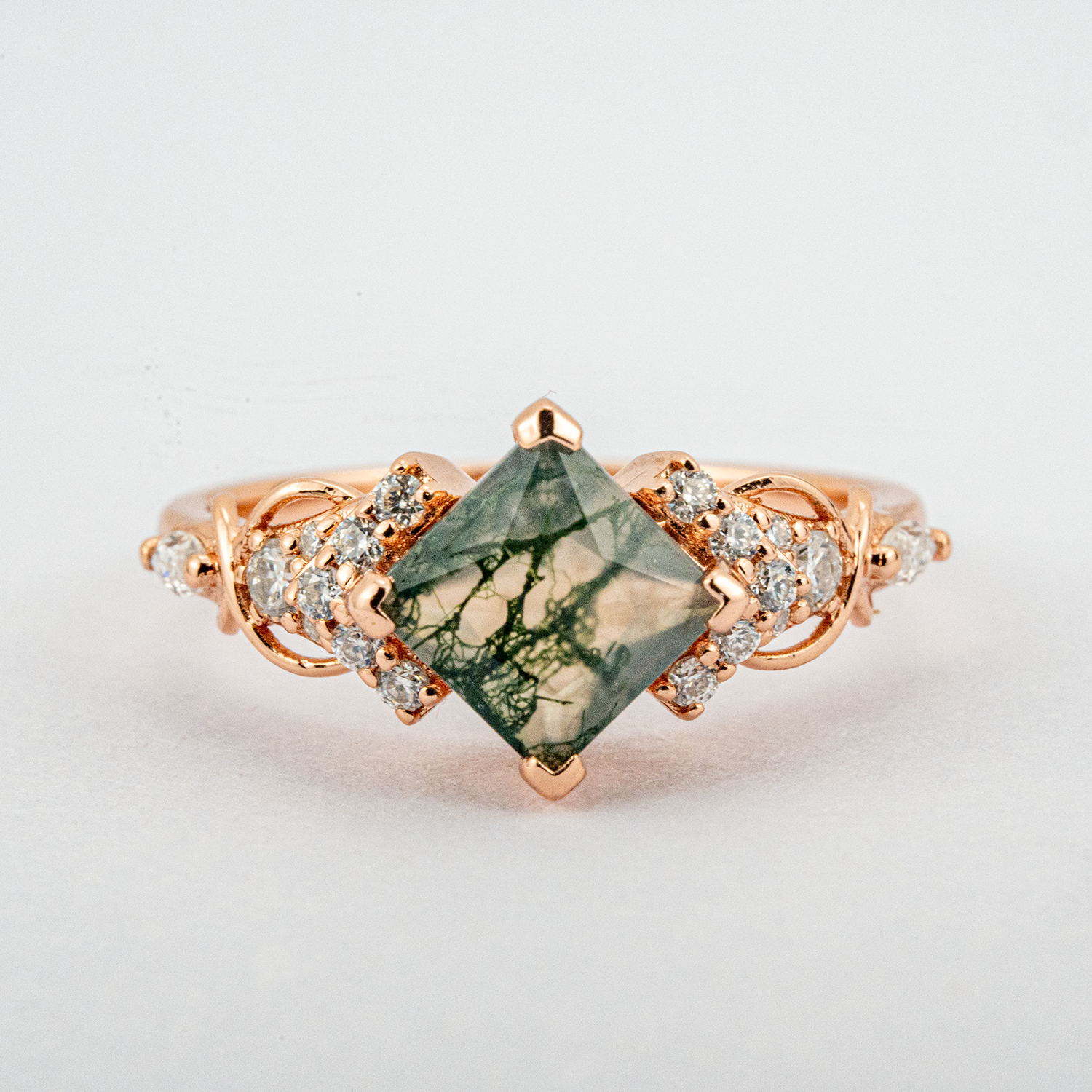 Luxurious Princess Moss Agate Ring with Moissanite - Perfect Engagement Ring