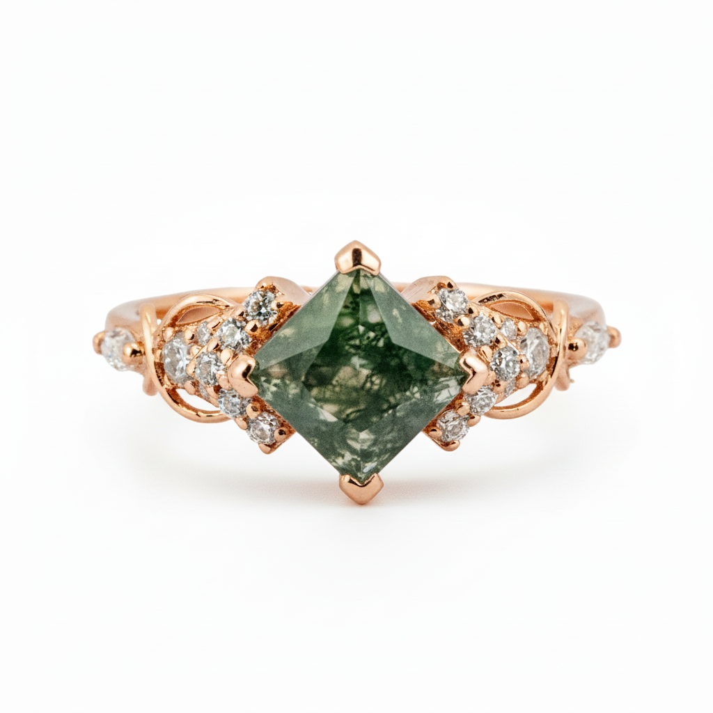 Luxurious Princess Moss Agate Ring with Moissanite - Perfect Engagement Ring