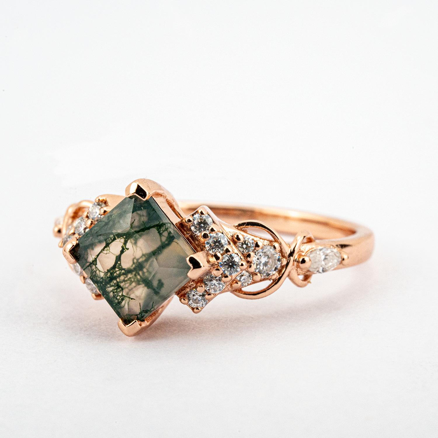 Luxurious Princess Moss Agate Ring with Moissanite - Perfect Engagement Ring