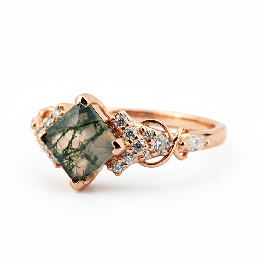 Product view of Princess Cut Moss Agate Engagement Ring in Rose Gold