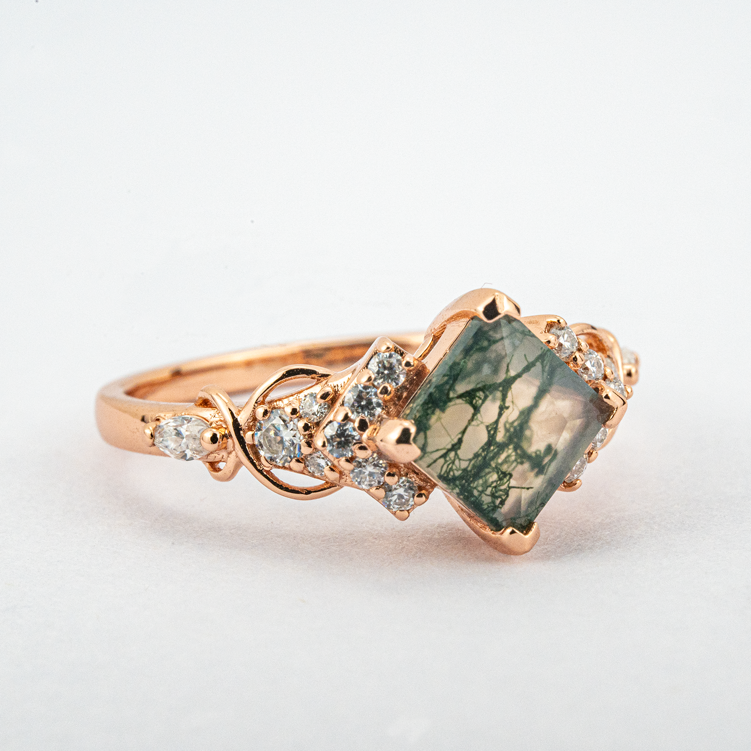 Luxurious Princess Moss Agate Ring with Moissanite - Perfect Engagement Ring