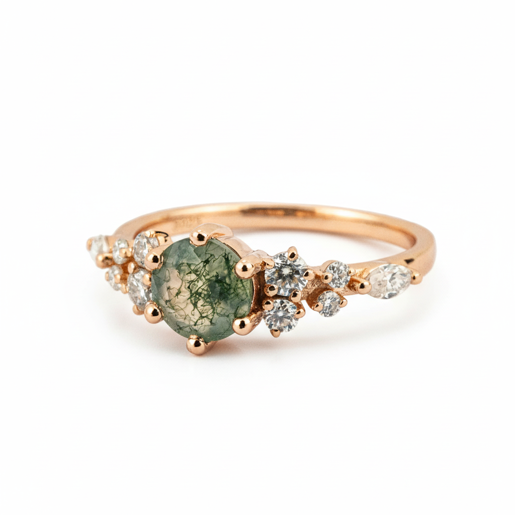 Product view of Round Moss Agate Ring in Gold