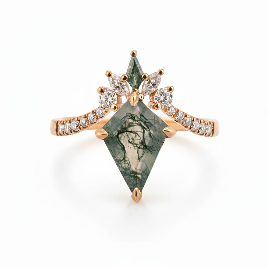 Front view of Kite Cut Moss Agate Ring in Gold