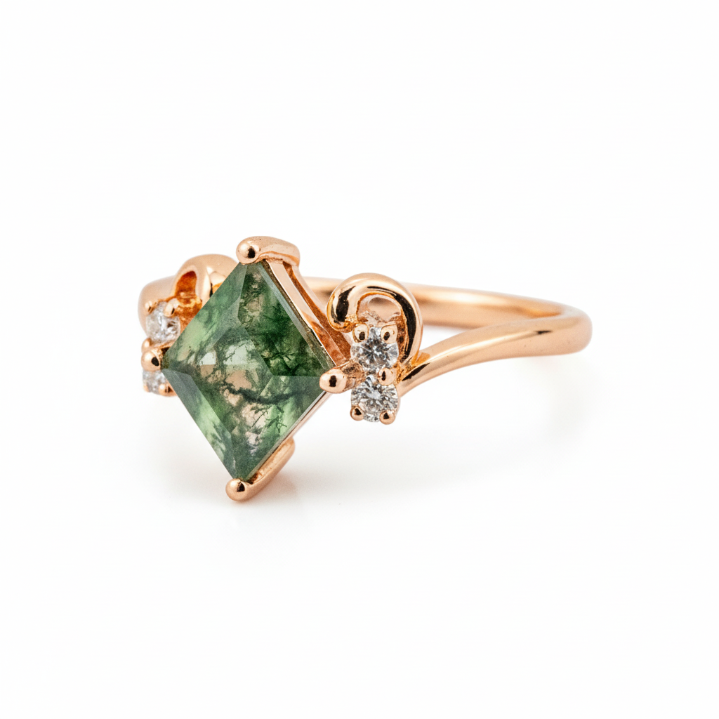 Product view of Princess Cut Moss Agate Ring in Gold
