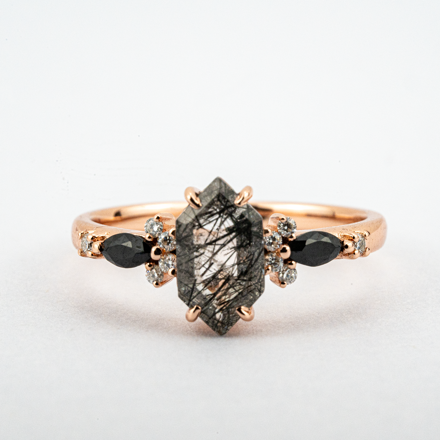 Hexagonal Tourmaline ring with Black Onyx gemstone - luxurious jewelry